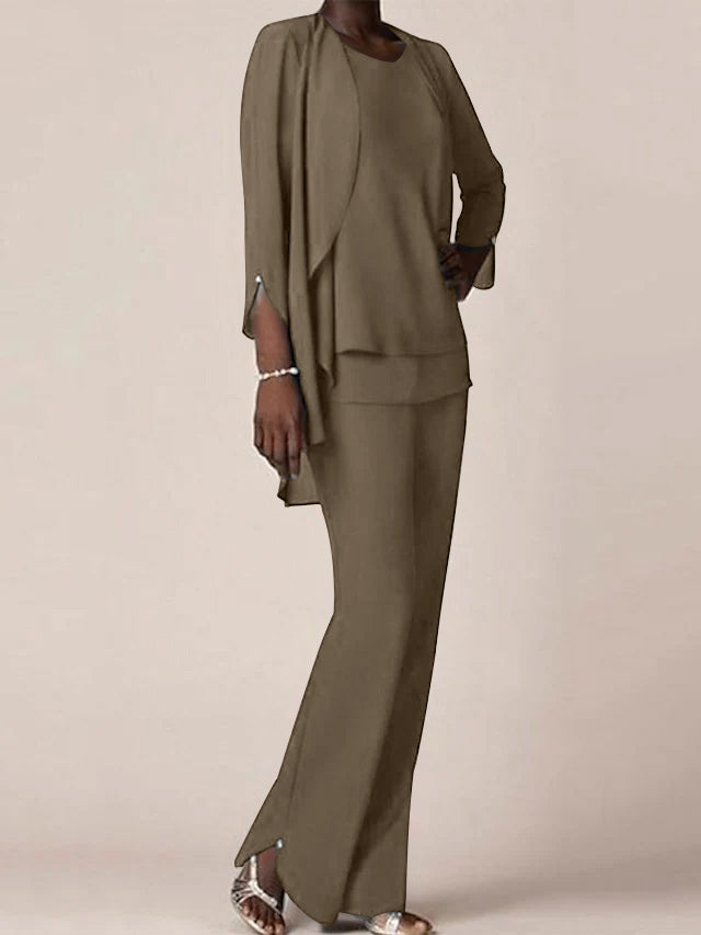 Floor-Length V-Neck Chiffon Pantsuit with Ruffles for the Mother of the Bride-LLELLA