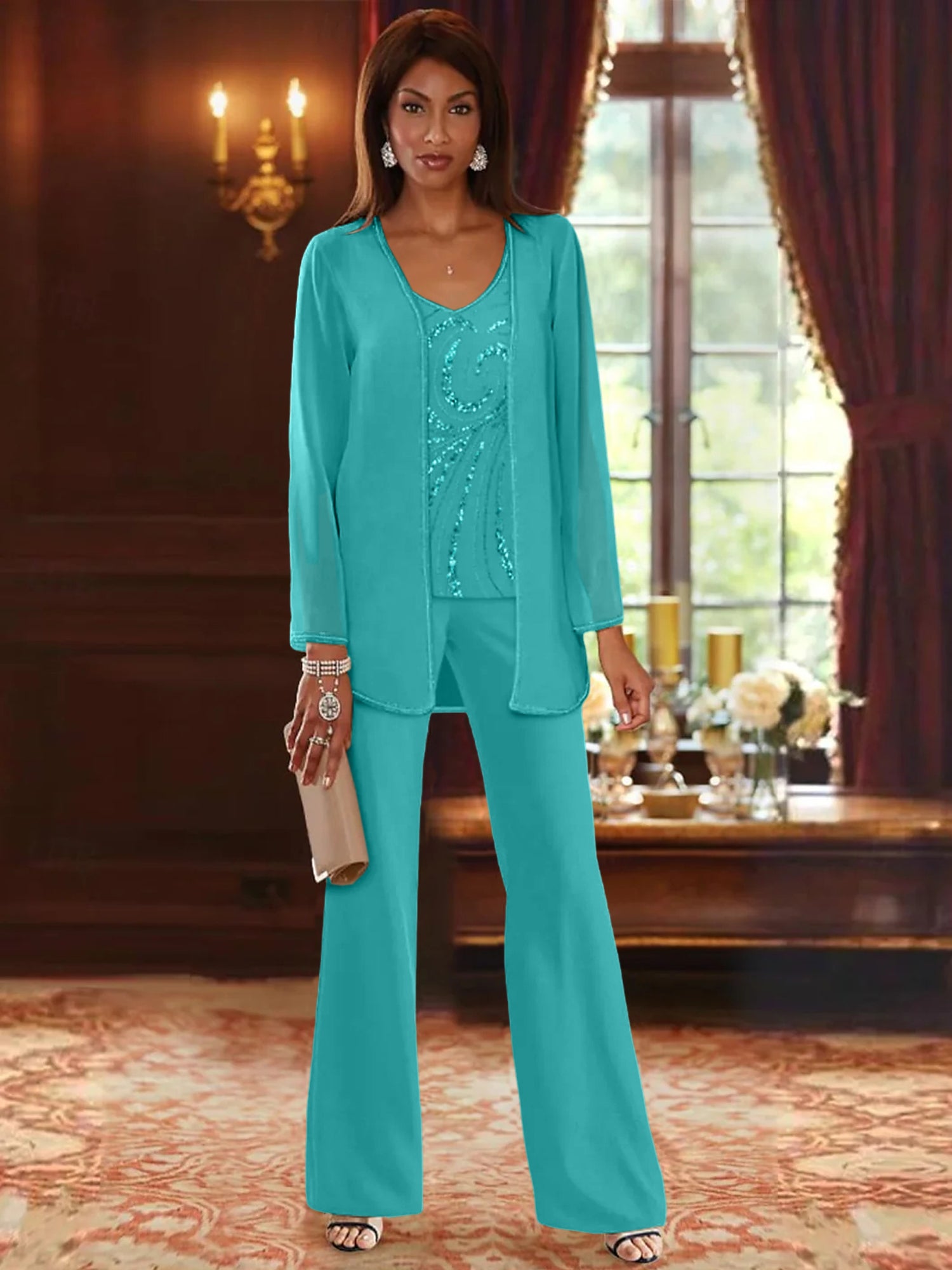 Floor-Length V-Neck Chiffon Pantsuits with Jacket & Sequins for the Mother of the Bride-LLELLA
