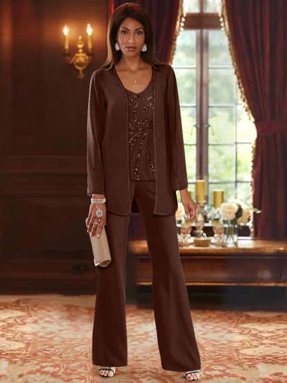 Floor-Length V-Neck Chiffon Pantsuits with Jacket & Sequins for the Mother of the Bride-LLELLA