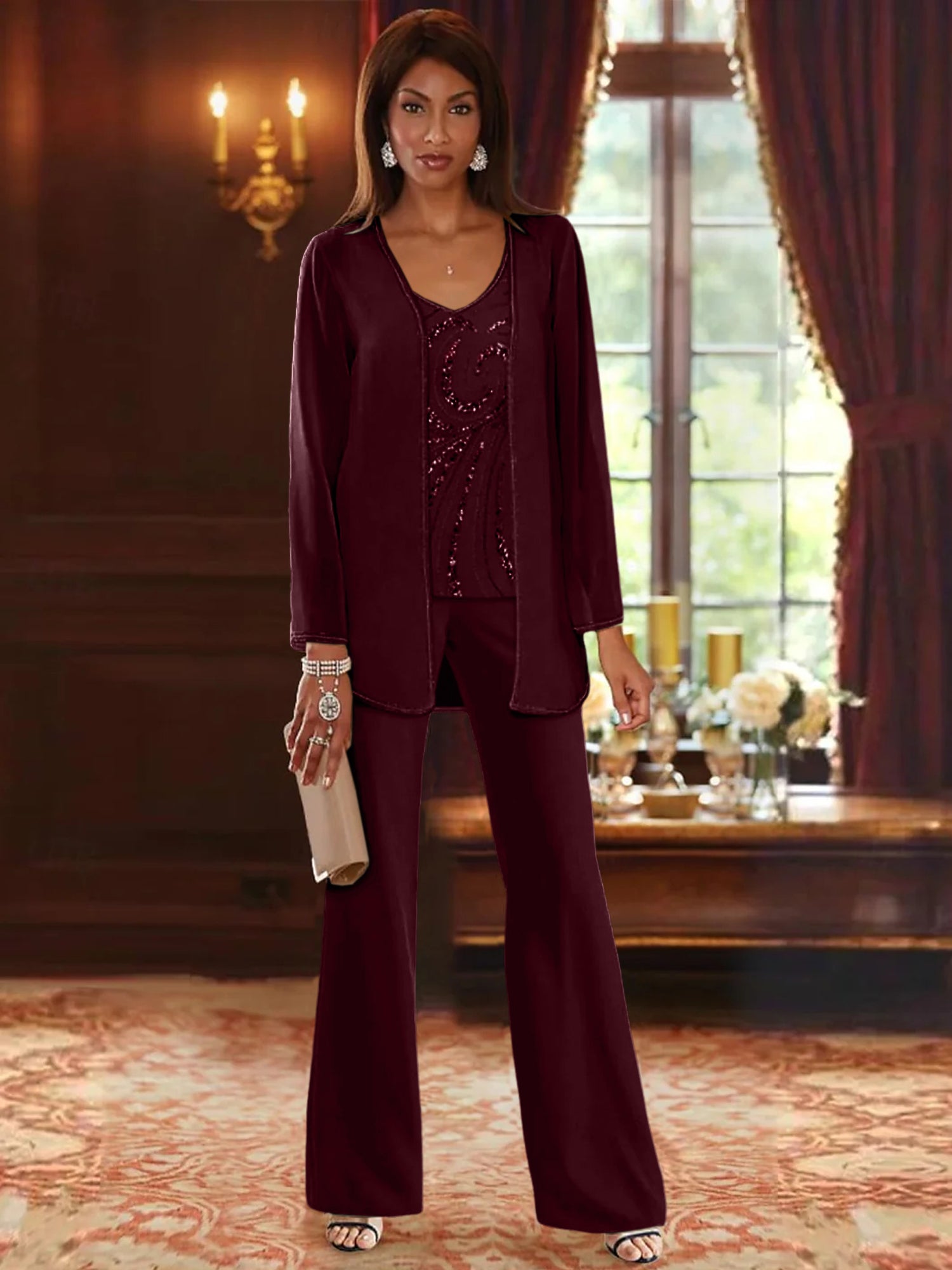 Floor-Length V-Neck Chiffon Pantsuits with Jacket & Sequins for the Mother of the Bride-LLELLA