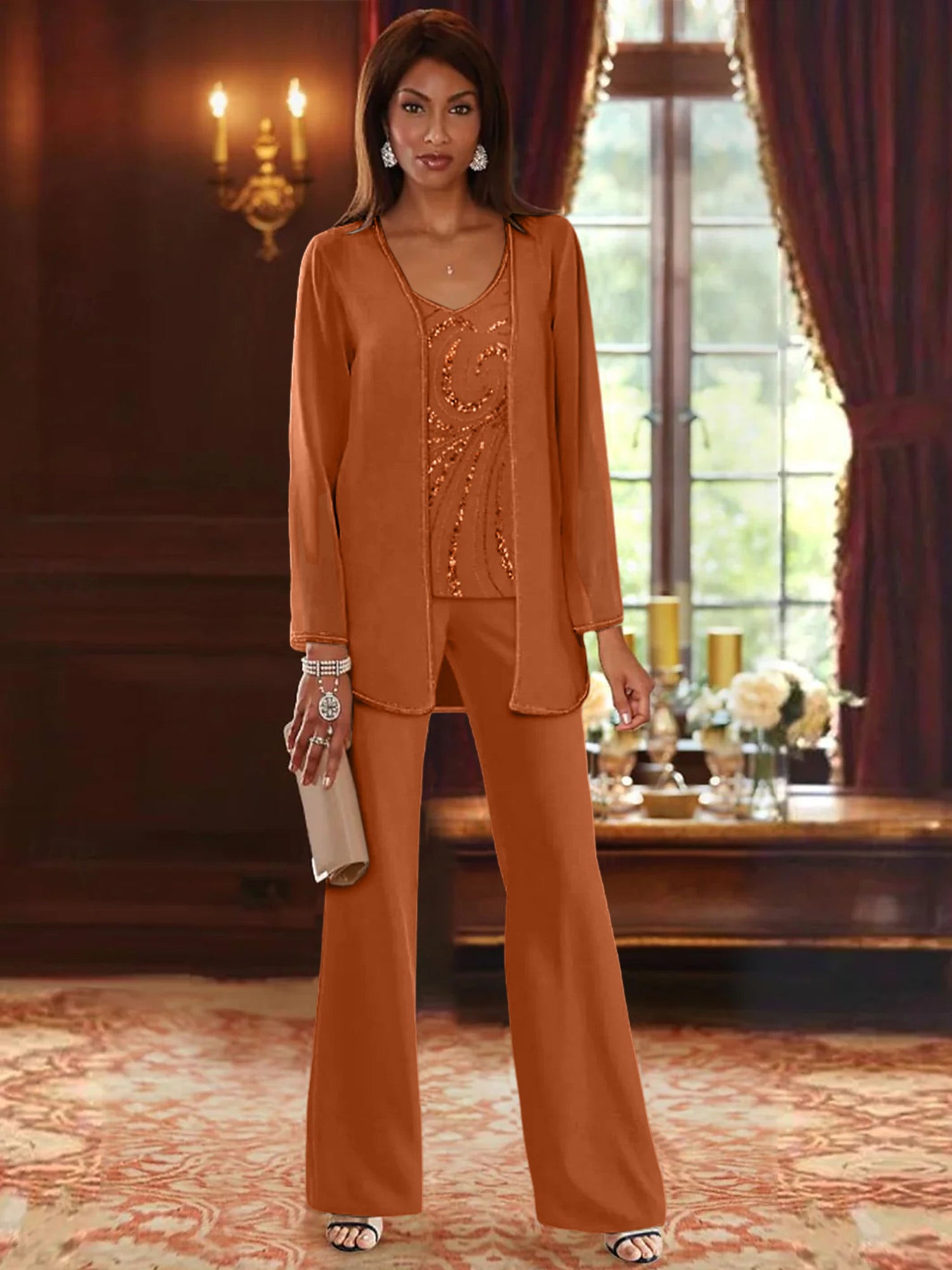 Floor-Length V-Neck Chiffon Pantsuits with Jacket & Sequins for the Mother of the Bride-LLELLA