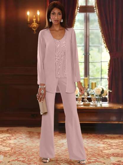 Floor-Length V-Neck Chiffon Pantsuits with Jacket & Sequins for the Mother of the Bride-LLELLA