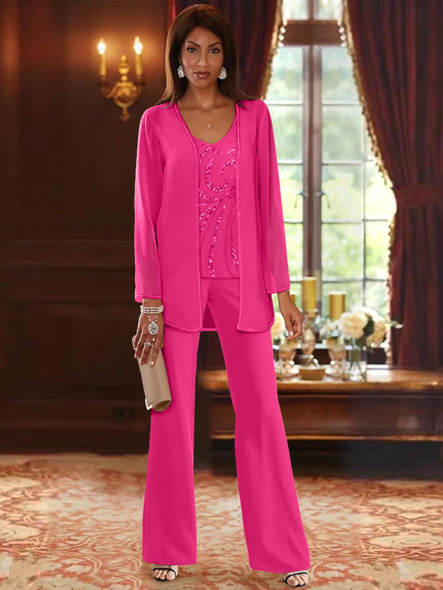 Floor-Length V-Neck Chiffon Pantsuits with Jacket & Sequins for the Mother of the Bride-LLELLA