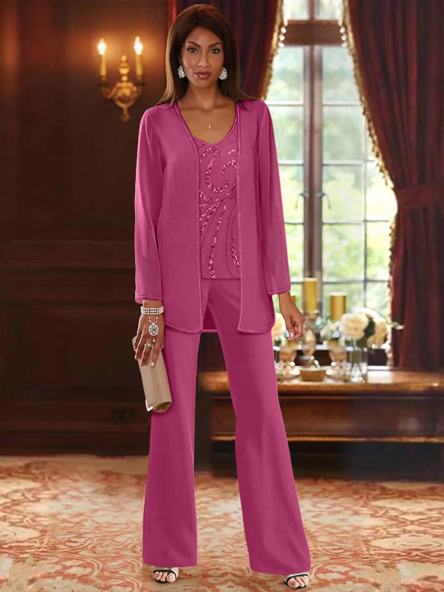 Floor-Length V-Neck Chiffon Pantsuits with Jacket & Sequins for the Mother of the Bride-LLELLA