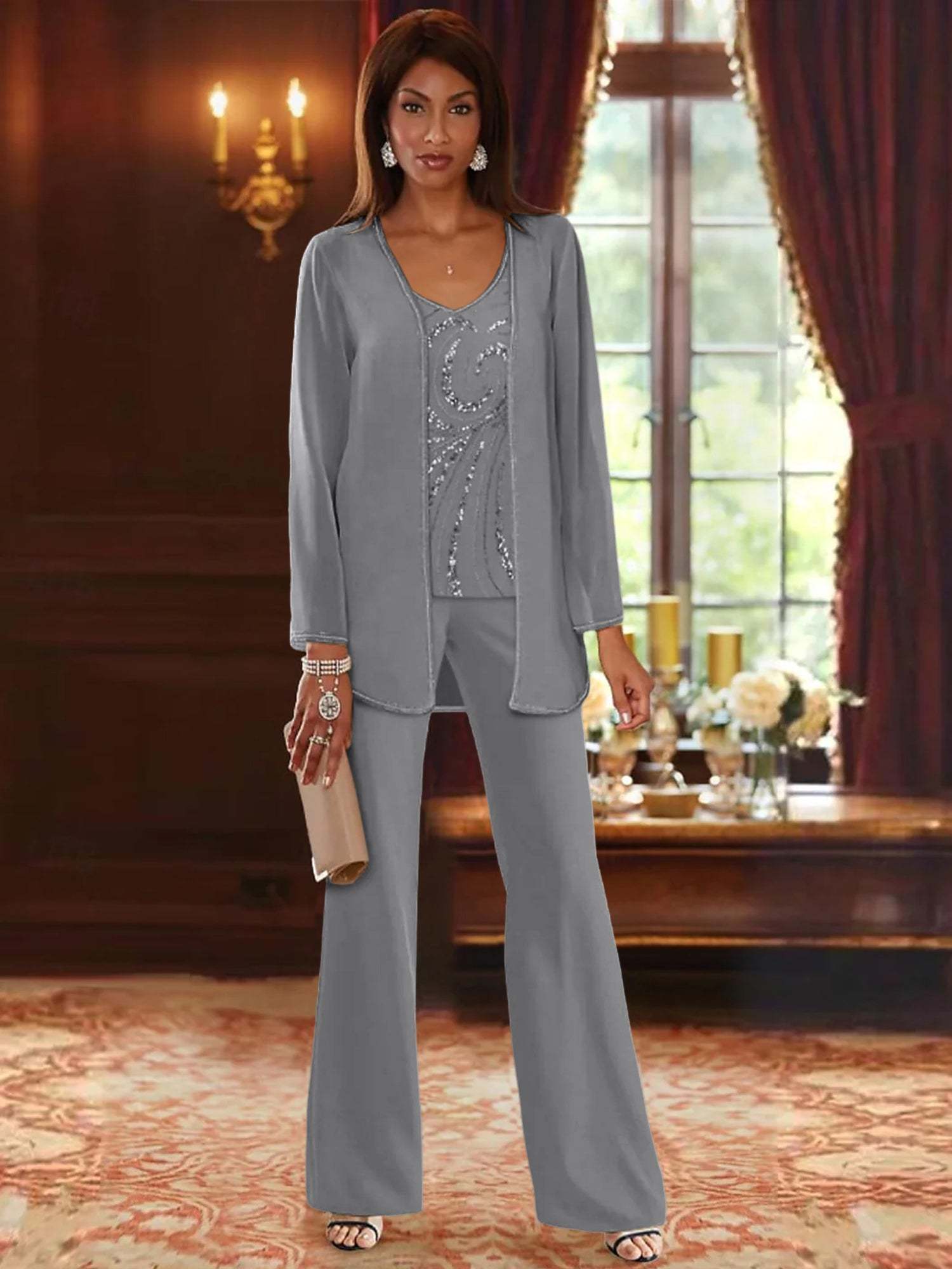 Floor-Length V-Neck Chiffon Pantsuits with Jacket & Sequins for the Mother of the Bride-LLELLA