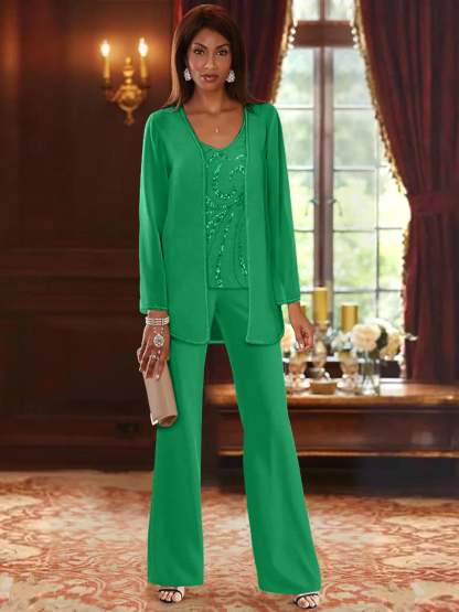 Floor-Length V-Neck Chiffon Pantsuits with Jacket & Sequins for the Mother of the Bride-LLELLA