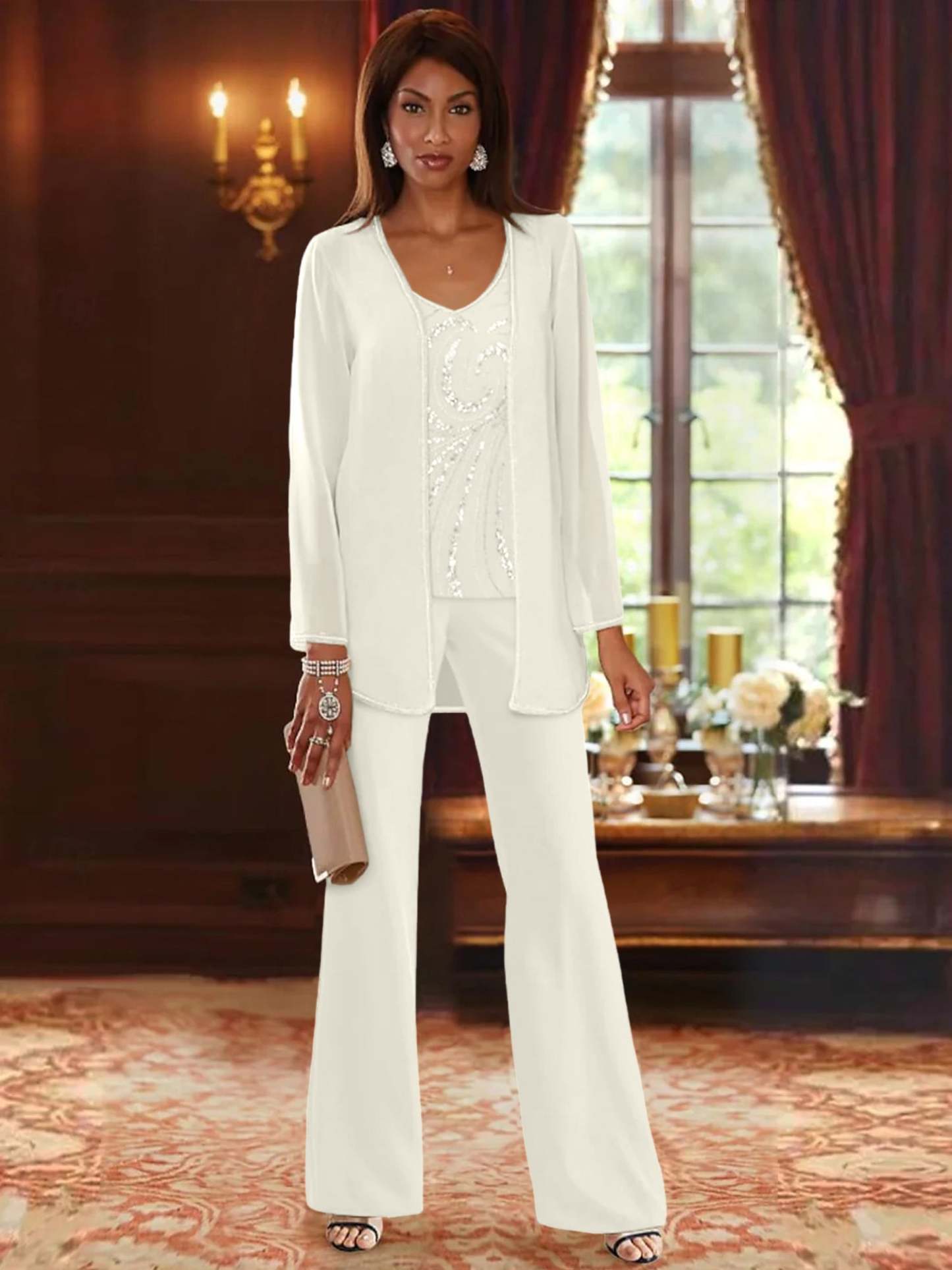 Floor-Length V-Neck Chiffon Pantsuits with Jacket & Sequins for the Mother of the Bride-LLELLA