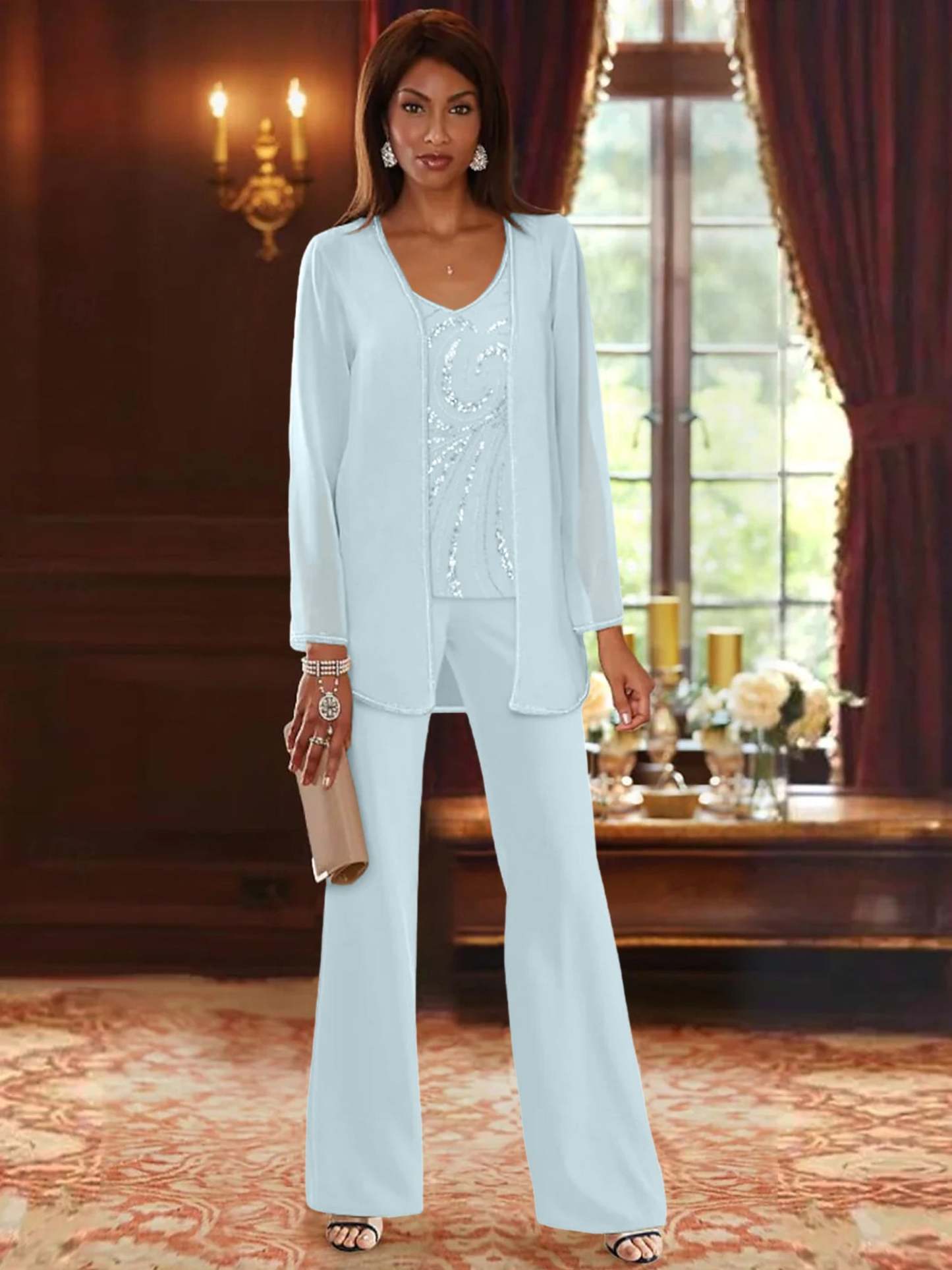 Floor-Length V-Neck Chiffon Pantsuits with Jacket & Sequins for the Mother of the Bride-LLELLA