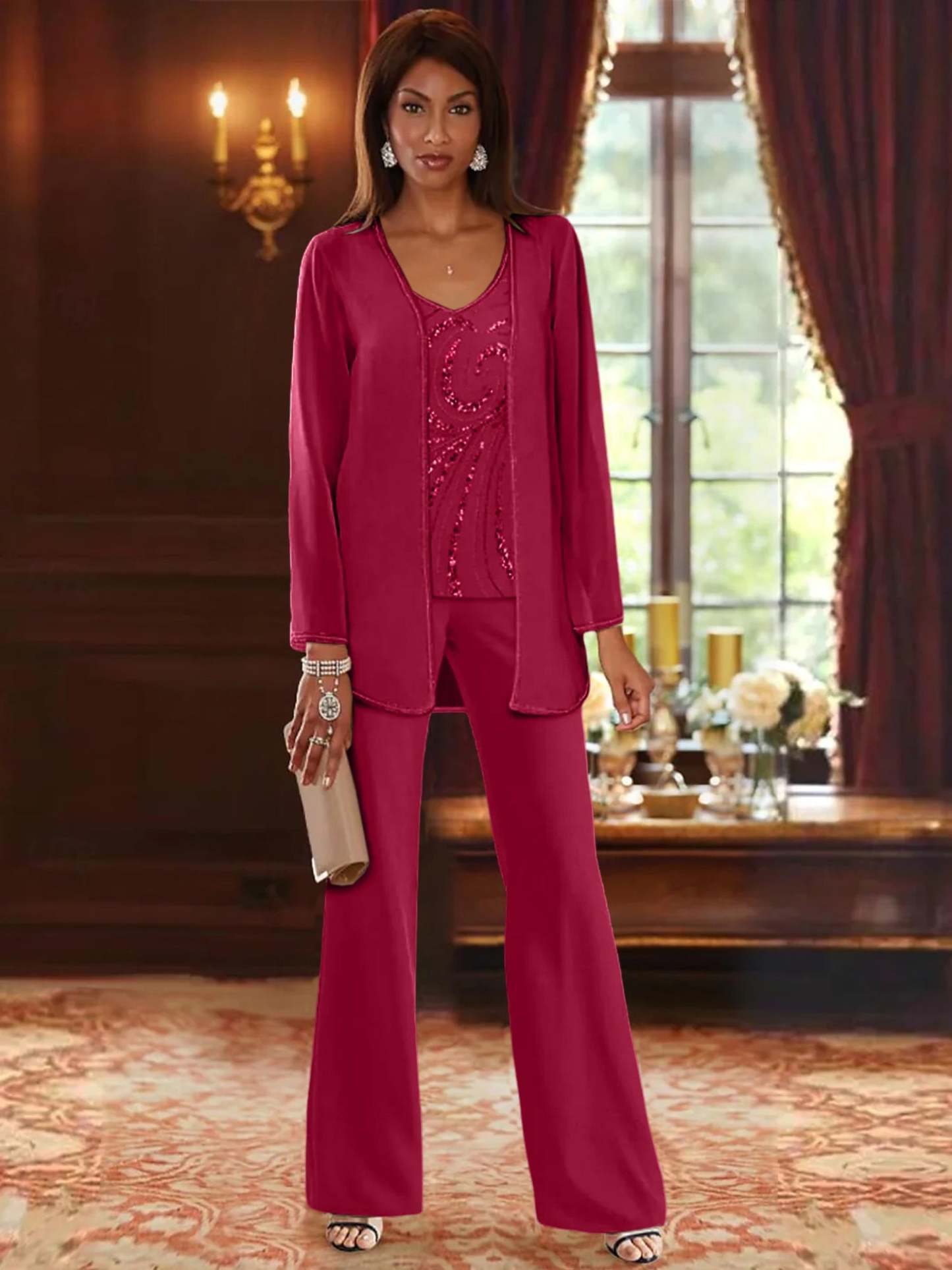 Floor-Length V-Neck Chiffon Pantsuits with Jacket & Sequins for the Mother of the Bride-LLELLA