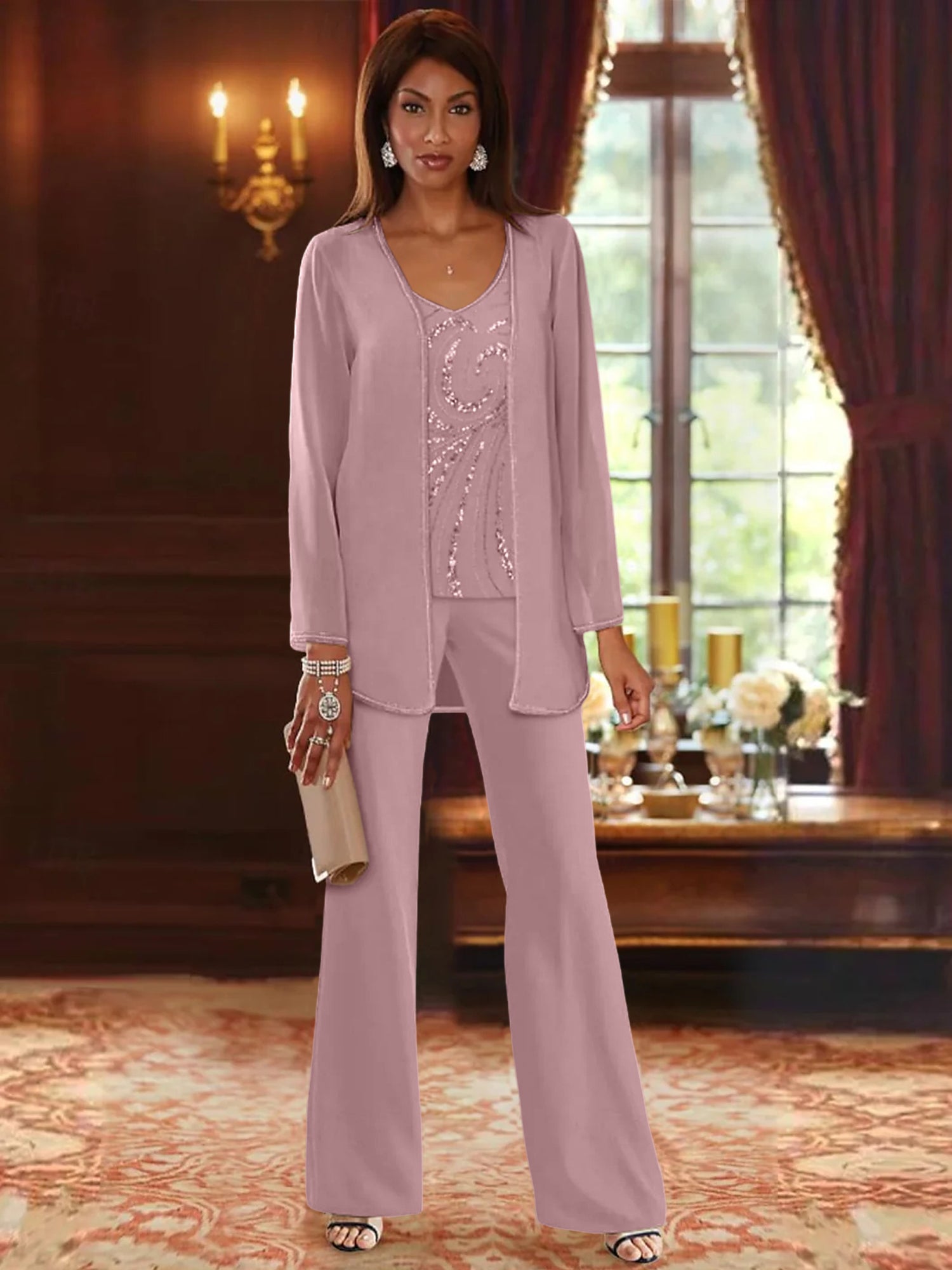 Floor-Length V-Neck Chiffon Pantsuits with Jacket & Sequins for the Mother of the Bride-LLELLA