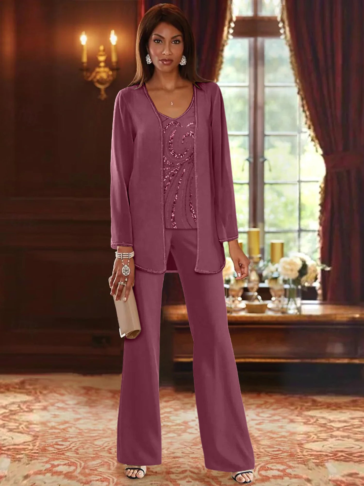 Floor-Length V-Neck Chiffon Pantsuits with Jacket & Sequins for the Mother of the Bride-LLELLA