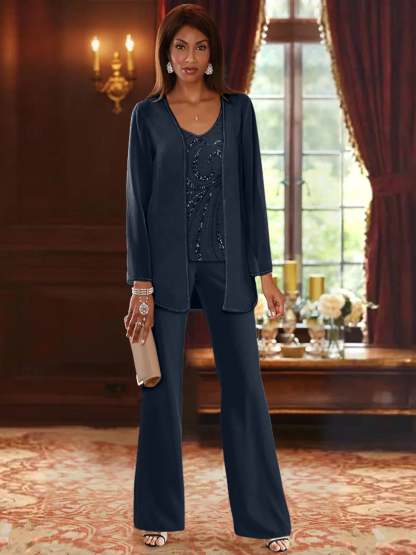 Floor-Length V-Neck Chiffon Pantsuits with Jacket & Sequins for the Mother of the Bride-LLELLA