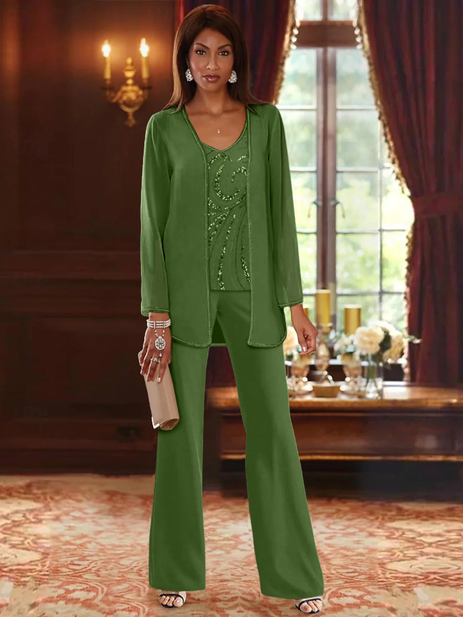 Floor-Length V-Neck Chiffon Pantsuits with Jacket & Sequins for the Mother of the Bride-LLELLA