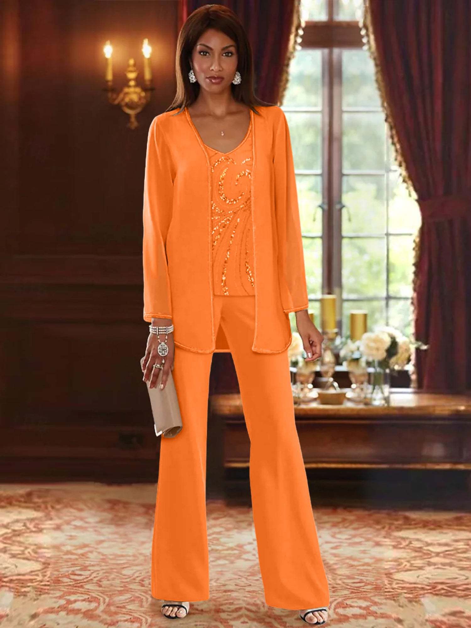 Floor-Length V-Neck Chiffon Pantsuits with Jacket & Sequins for the Mother of the Bride-LLELLA