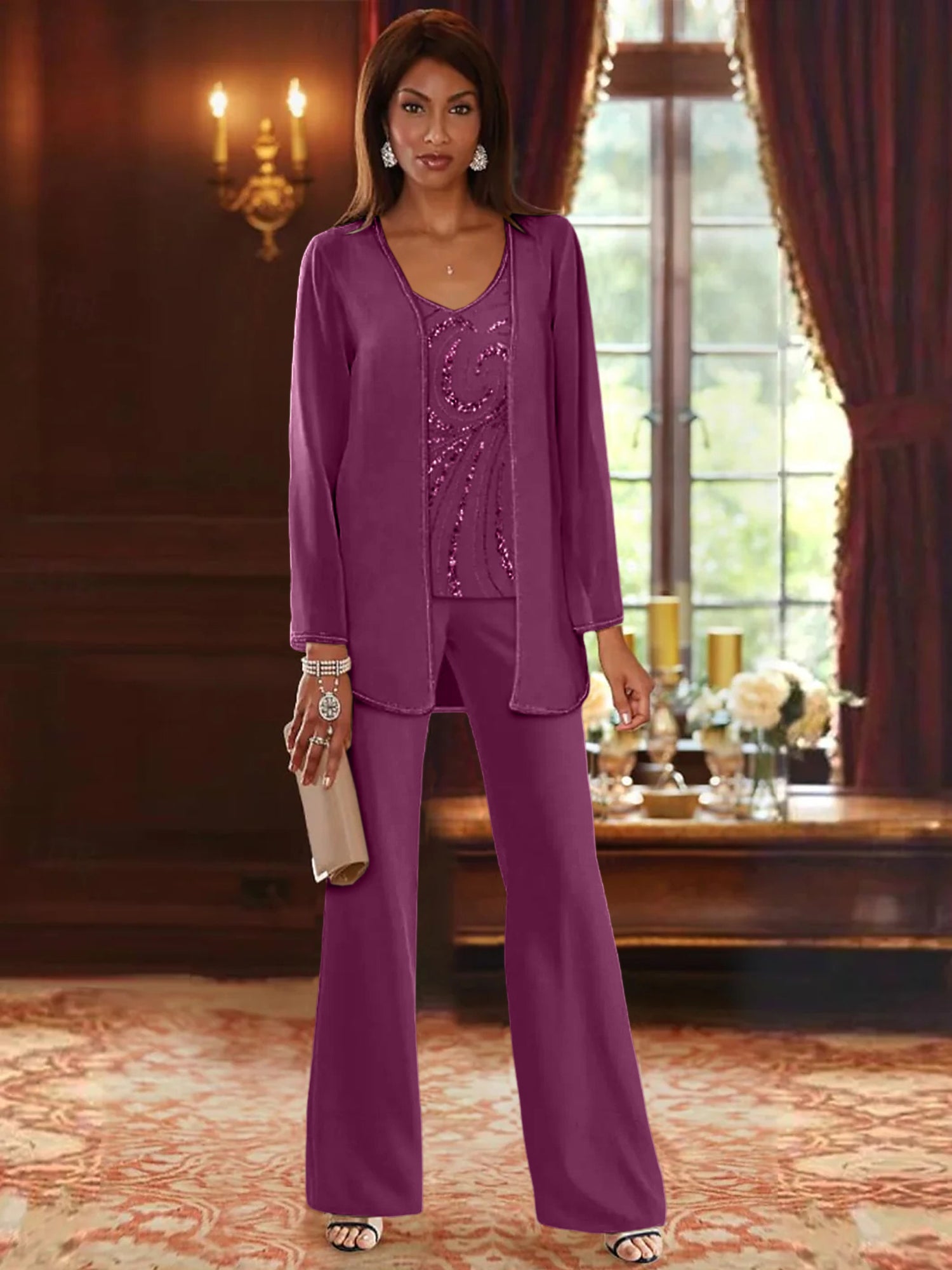 Floor-Length V-Neck Chiffon Pantsuits with Jacket & Sequins for the Mother of the Bride-LLELLA