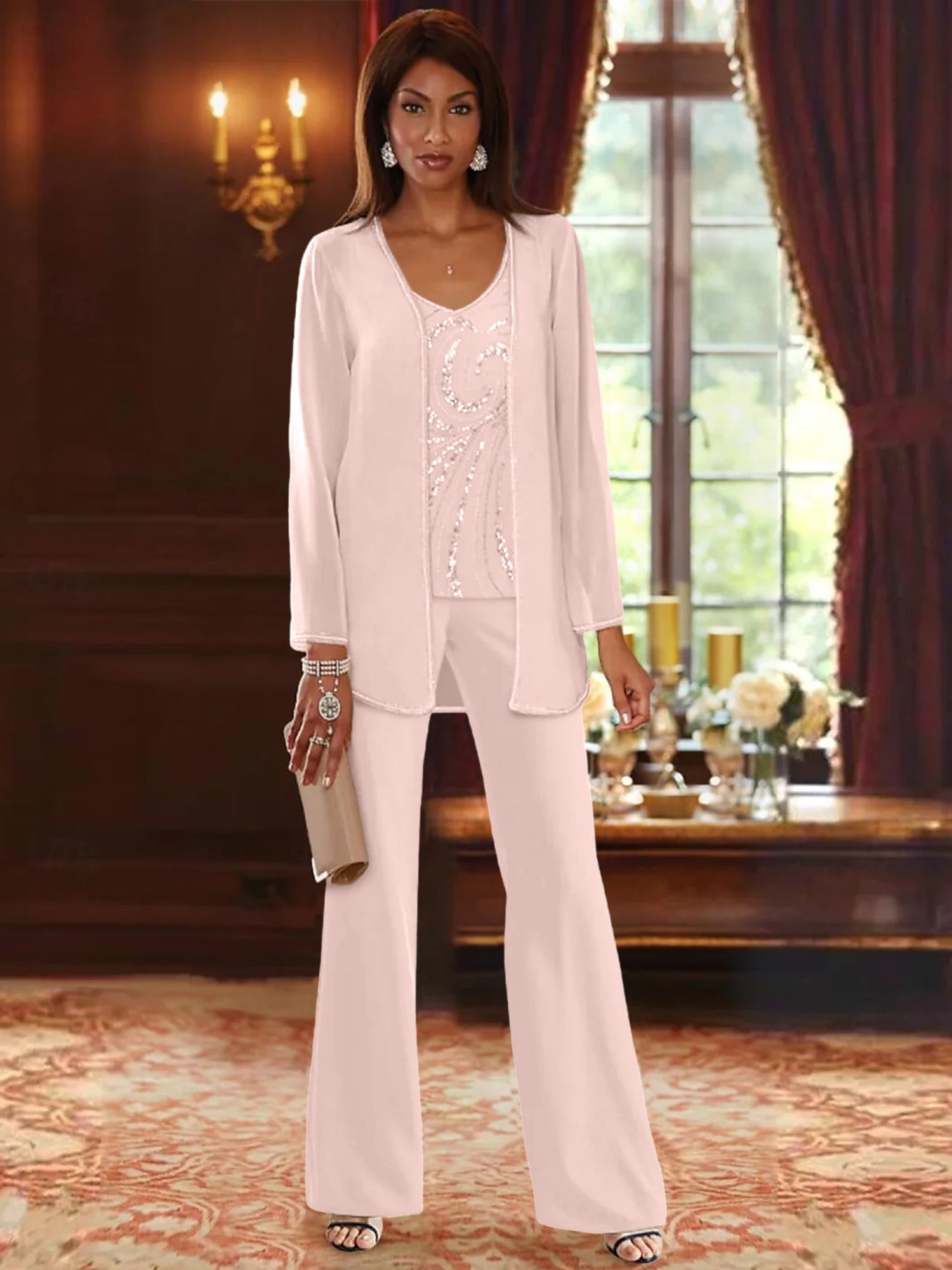 Floor-Length V-Neck Chiffon Pantsuits with Jacket & Sequins for the Mother of the Bride-LLELLA