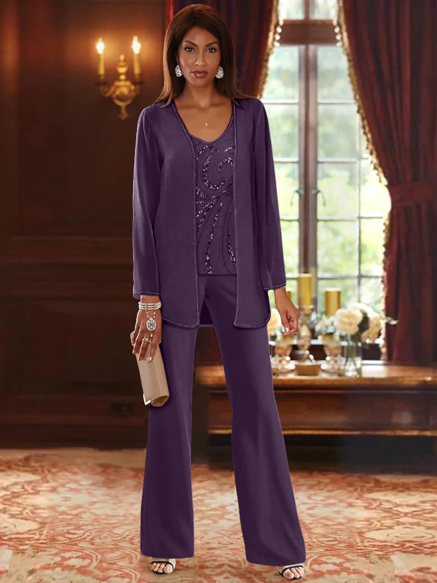 Floor-Length V-Neck Chiffon Pantsuits with Jacket & Sequins for the Mother of the Bride-LLELLA