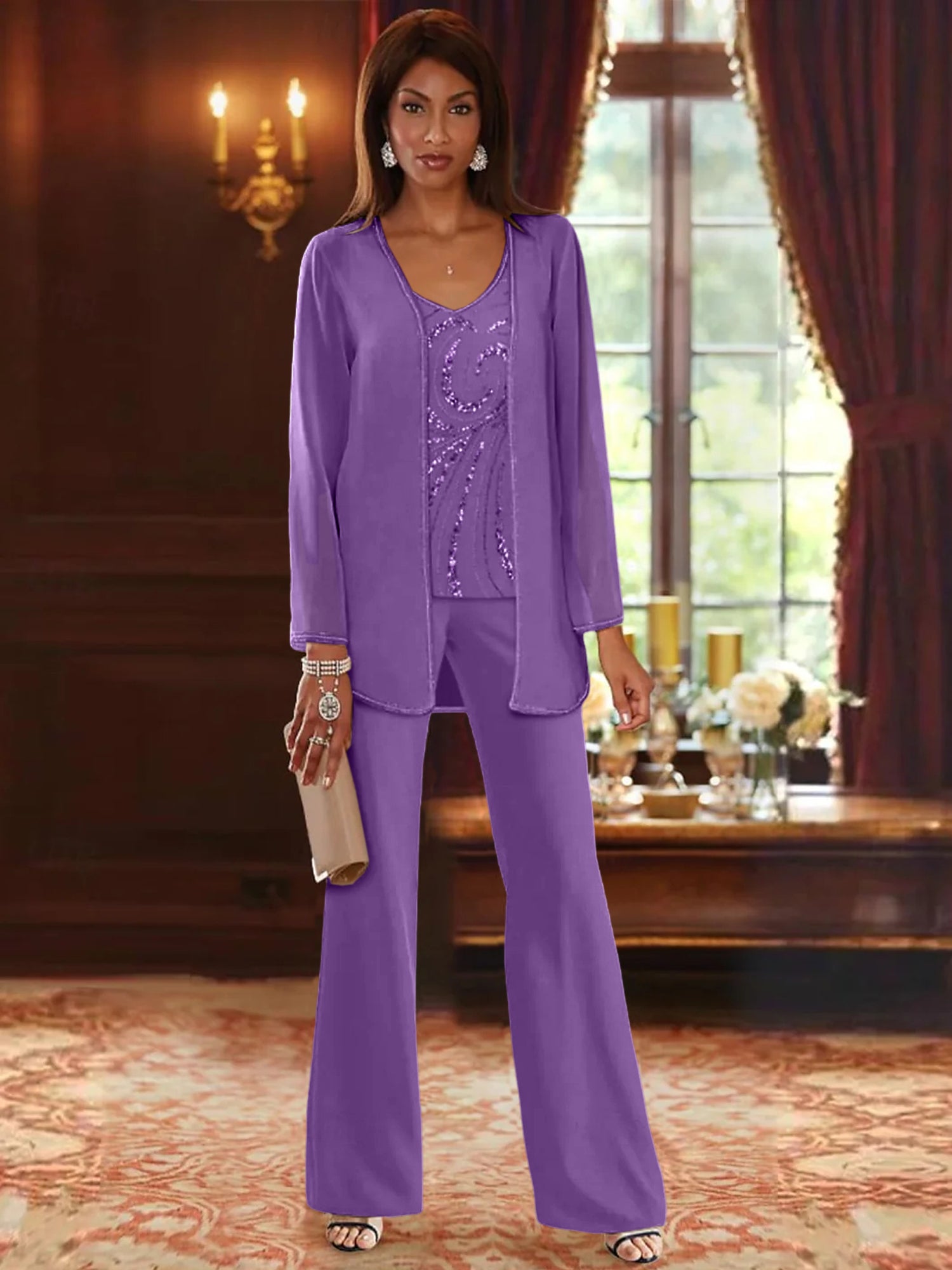 Floor-Length V-Neck Chiffon Pantsuits with Jacket & Sequins for the Mother of the Bride-LLELLA
