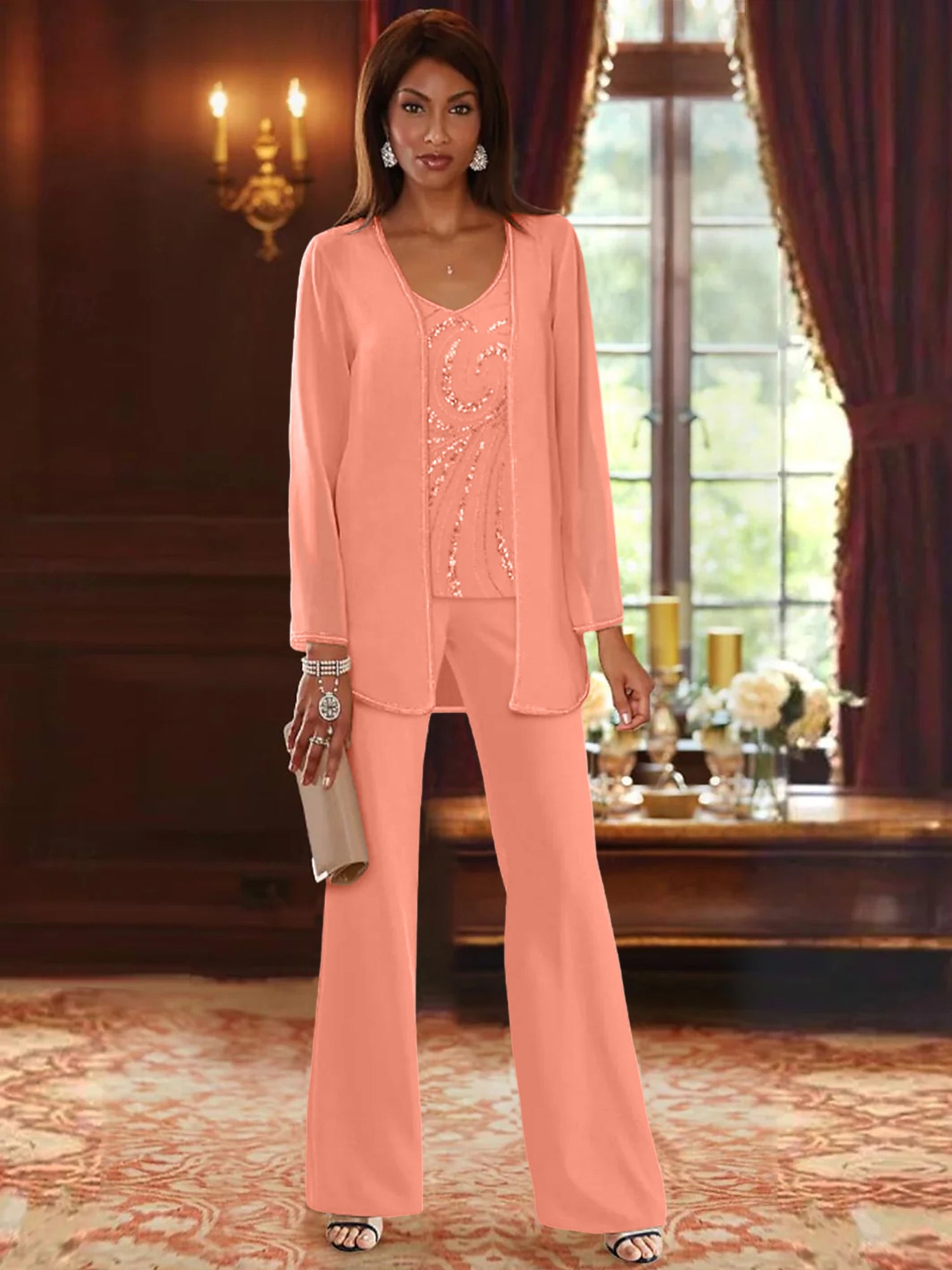 Floor-Length V-Neck Chiffon Pantsuits with Jacket & Sequins for the Mother of the Bride-LLELLA