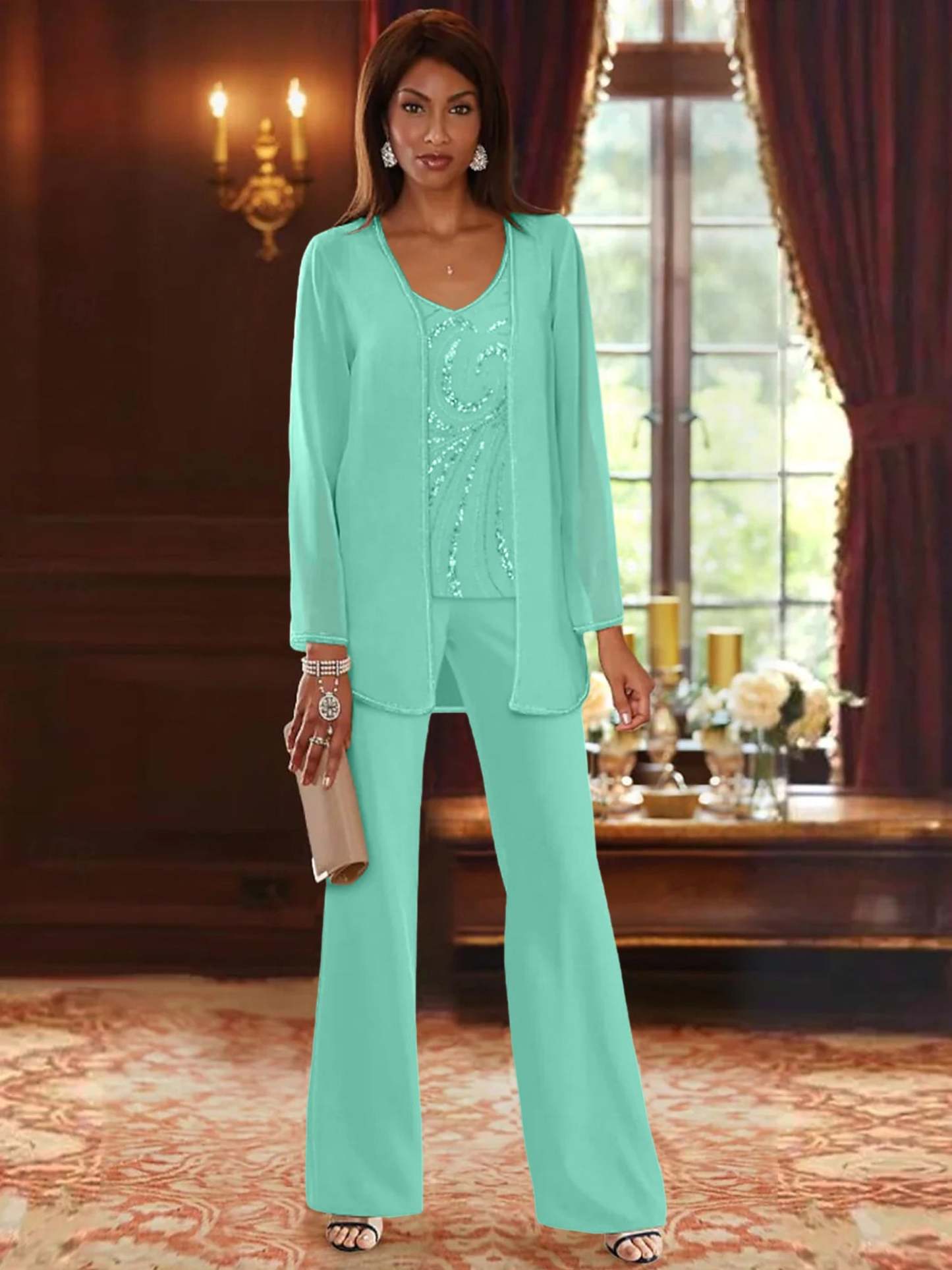 Floor-Length V-Neck Chiffon Pantsuits with Jacket & Sequins for the Mother of the Bride-LLELLA