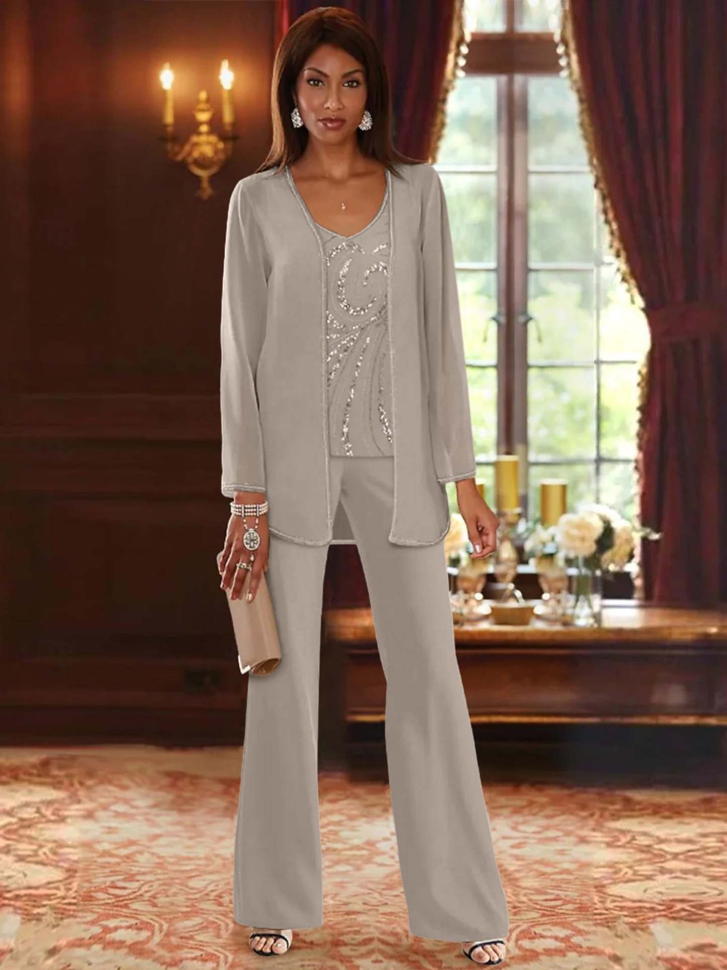 Floor-Length V-Neck Chiffon Pantsuits with Jacket & Sequins for the Mother of the Bride-LLELLA
