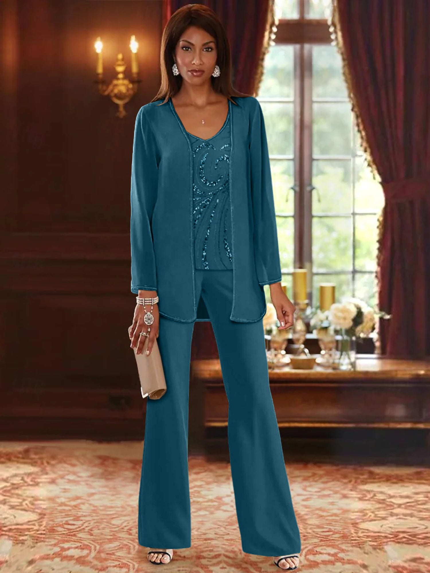 Floor-Length V-Neck Chiffon Pantsuits with Jacket & Sequins for the Mother of the Bride-LLELLA