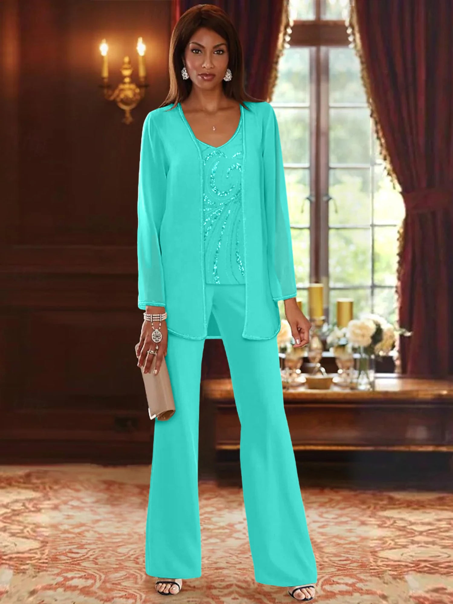 Floor-Length V-Neck Chiffon Pantsuits with Jacket & Sequins for the Mother of the Bride-LLELLA