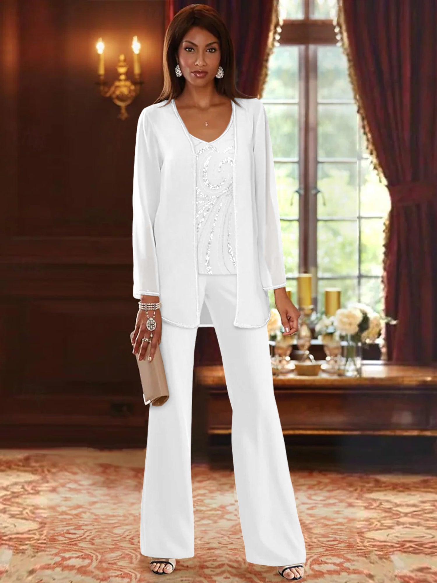 Floor-Length V-Neck Chiffon Pantsuits with Jacket & Sequins for the Mother of the Bride-LLELLA
