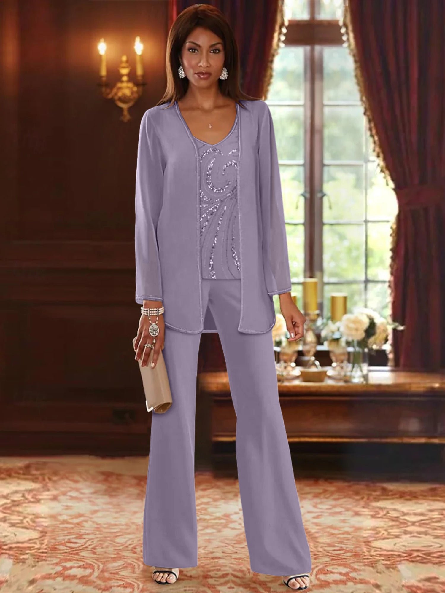 Floor-Length V-Neck Chiffon Pantsuits with Jacket & Sequins for the Mother of the Bride-LLELLA