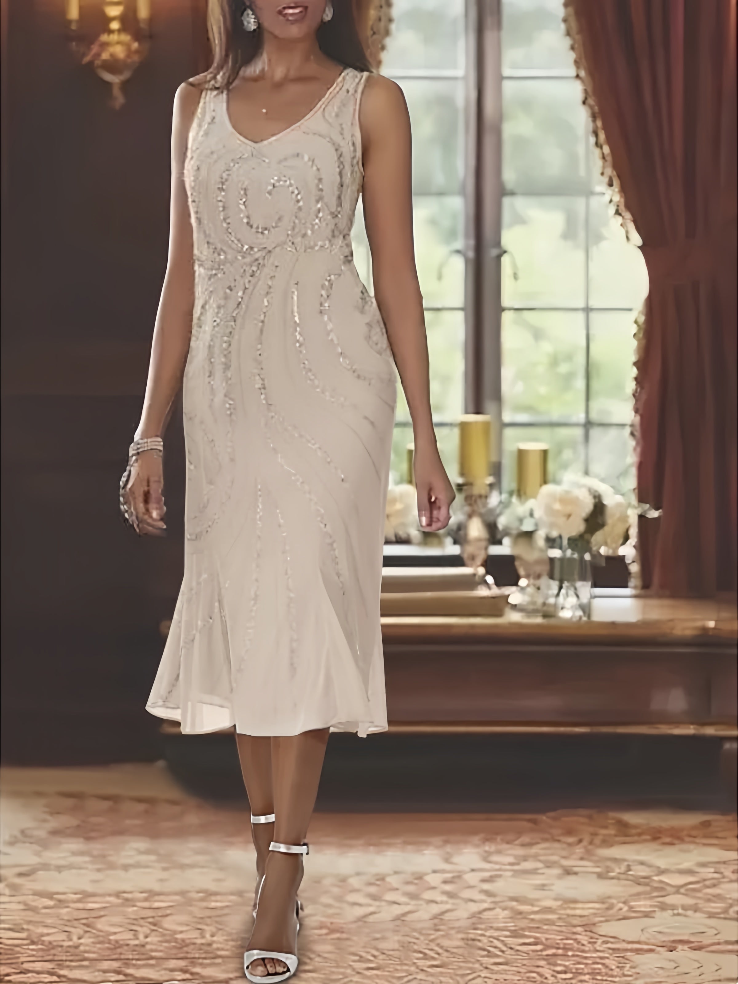 2-Piece V-Neck Chiffon Mother of the Bride Dress Set with Knee-Length Jacket and Sequins-LLELLA