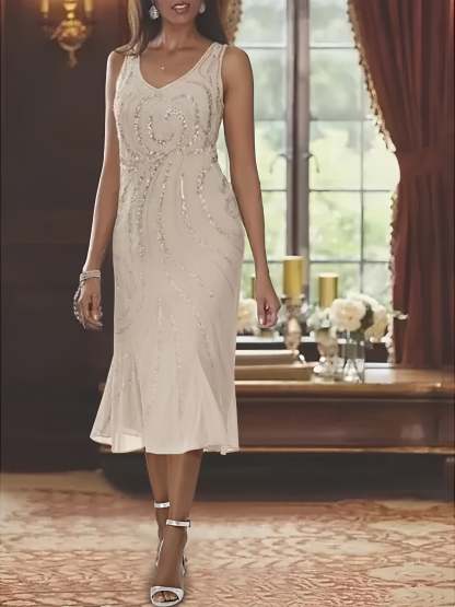 2-Piece V-Neck Chiffon Mother of the Bride Dress Set with Knee-Length Jacket and Sequins-LLELLA