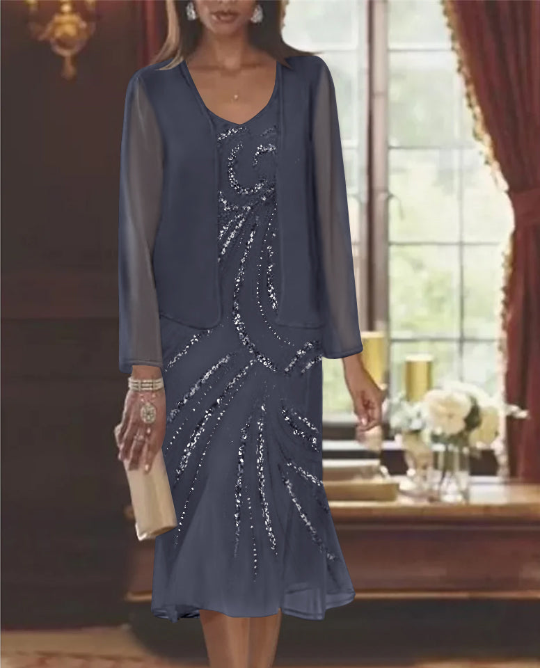 2-Piece V-Neck Chiffon Mother of the Bride Dress Set with Knee-Length Jacket and Sequins-LLELLA