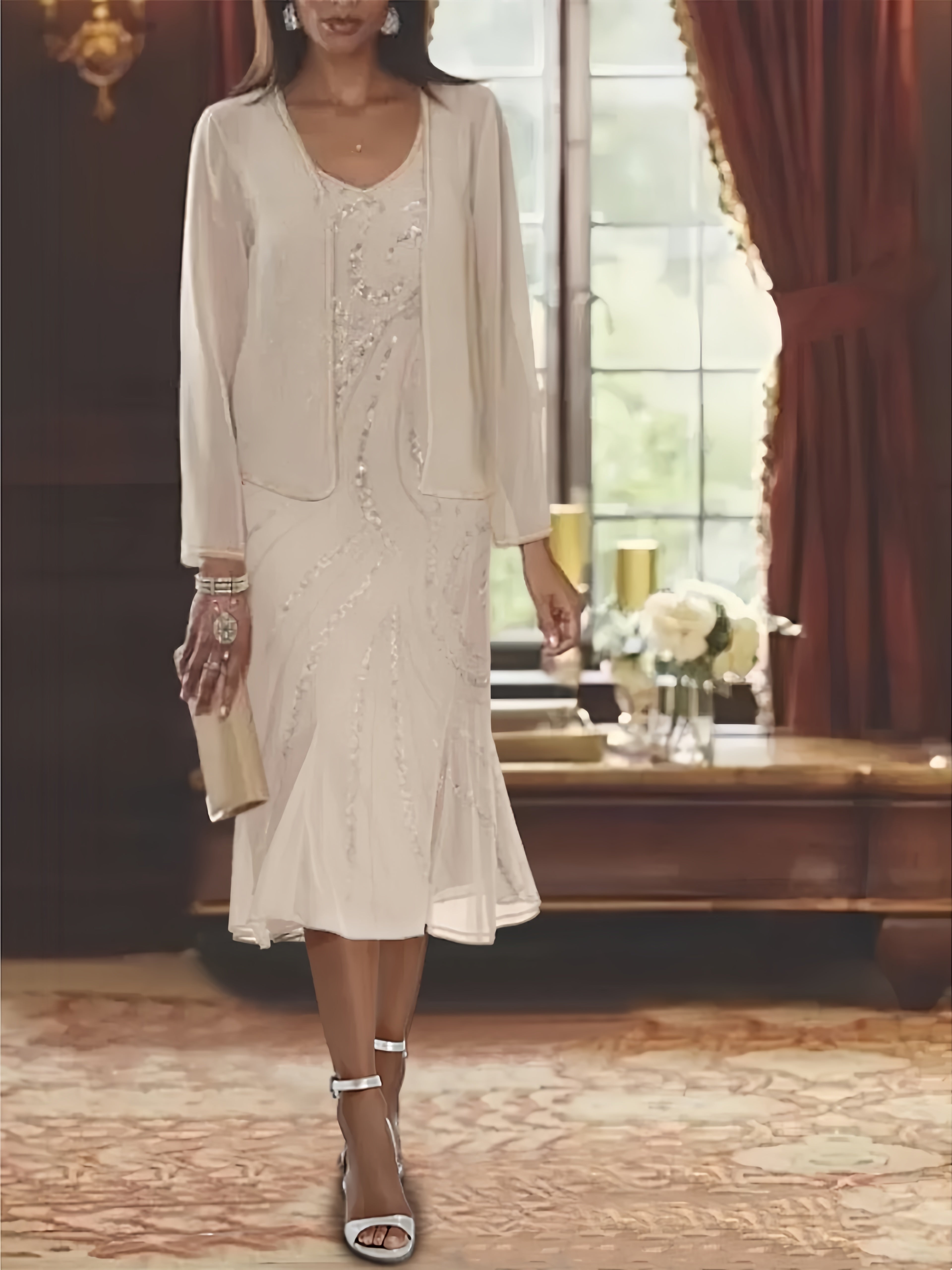 2-Piece V-Neck Chiffon Mother of the Bride Dress Set with Knee-Length