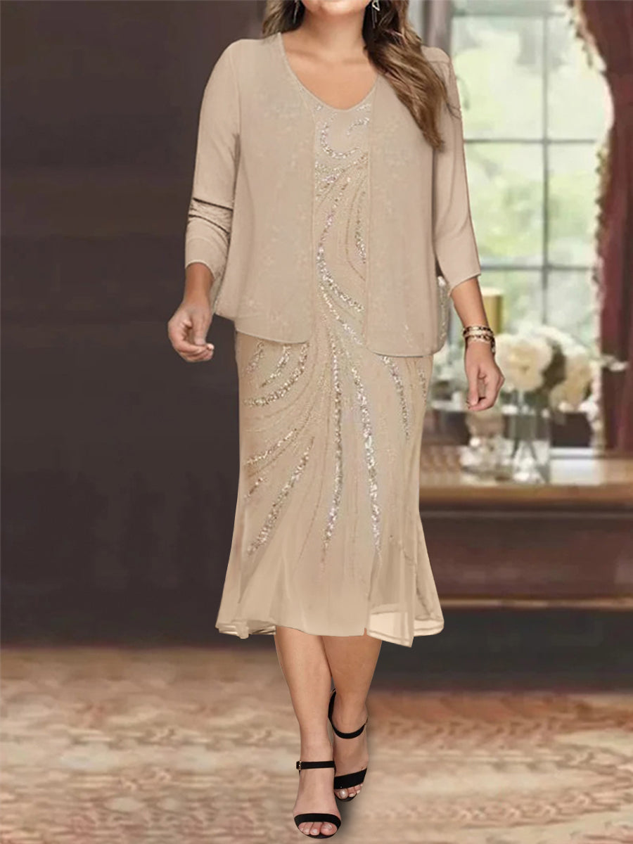 2-Piece V-Neck Chiffon Mother of the Bride Dress Set with Knee-Length Jacket and Sequins-LLELLA