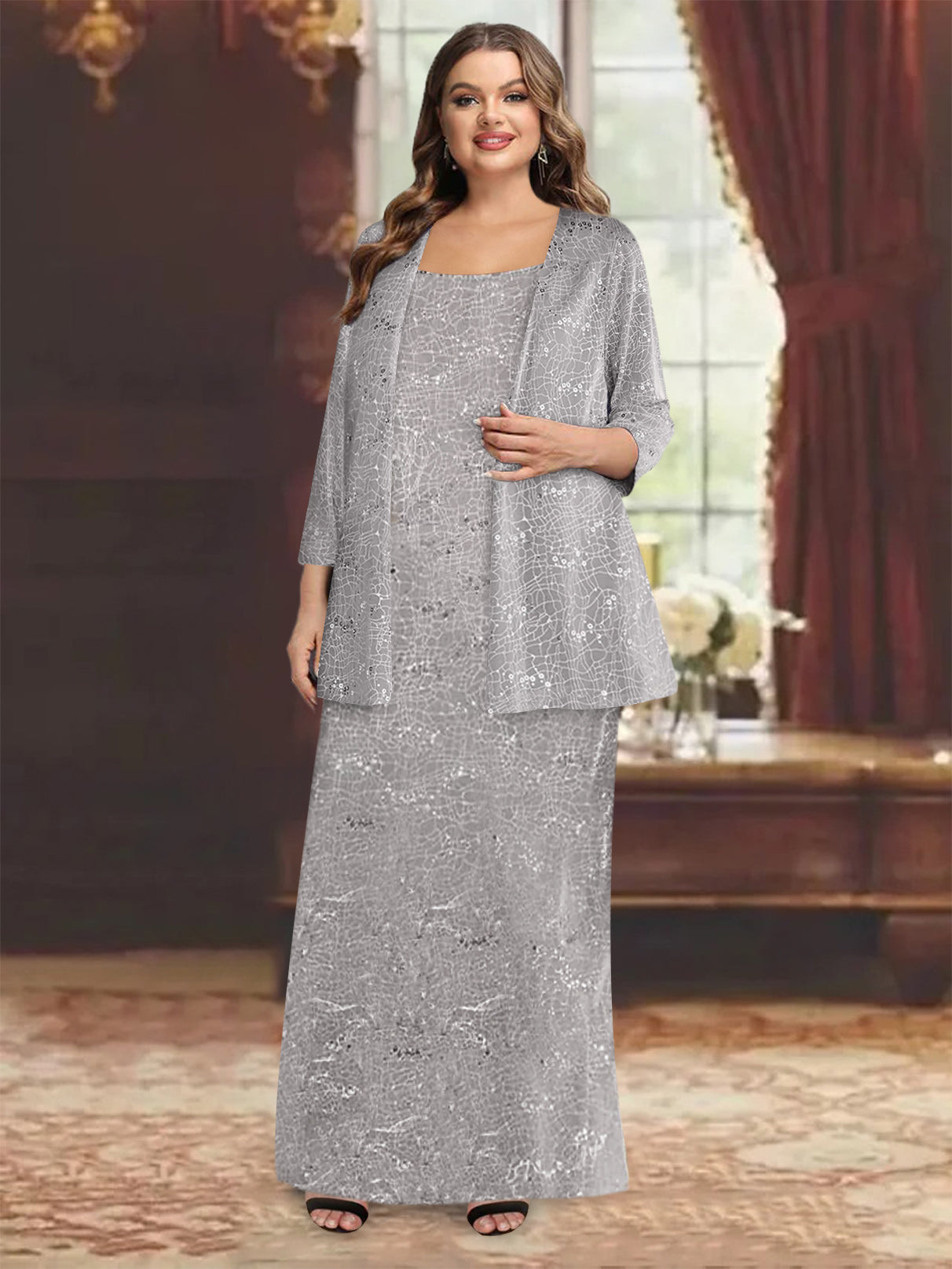 Ankle-length Chiffon Mother of the Bride Dress with Sequins and Jacket-LLELLA