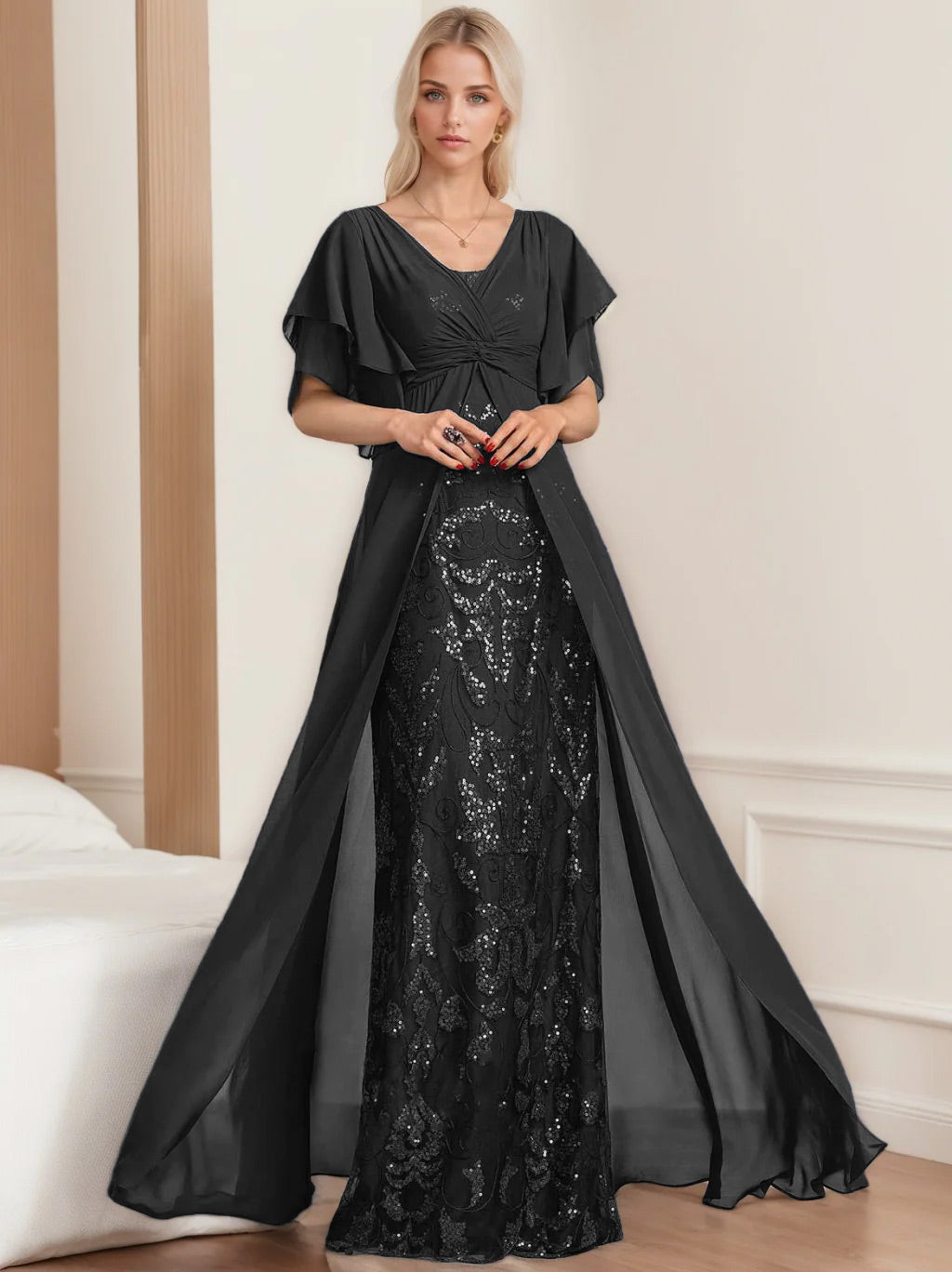 Plus Size Mother of the Bride A-Line Floor-Length Dress with V-Neck and Half Sleeves