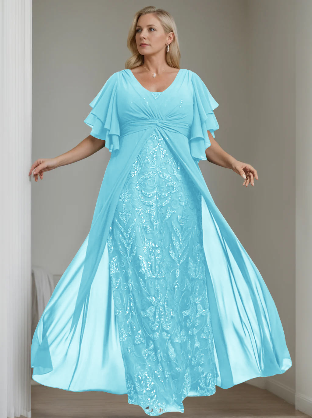Plus Size Floor-Length Mother of the Bride A-Line Dress with V-Neck and Half Sleeves-LLELLA