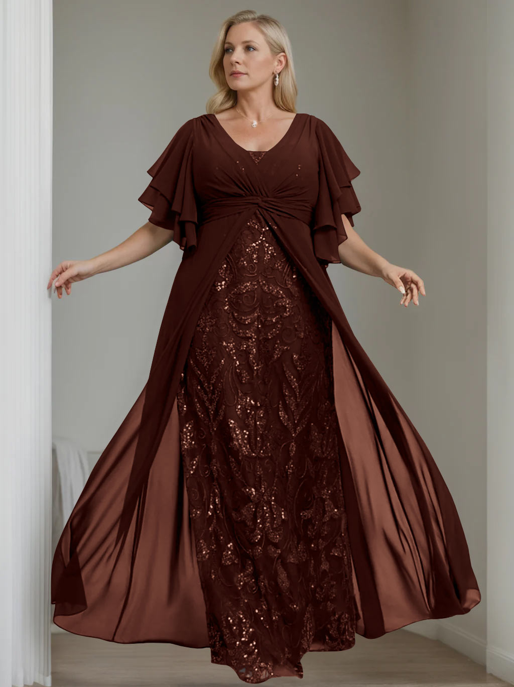 Plus Size Floor-Length Mother of the Bride A-Line Dress with V-Neck and Half Sleeves-LLELLA