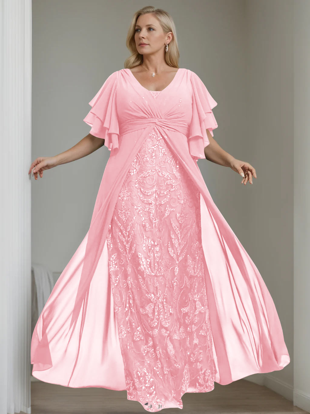 Plus Size Floor-Length Mother of the Bride A-Line Dress with V-Neck and Half Sleeves-LLELLA