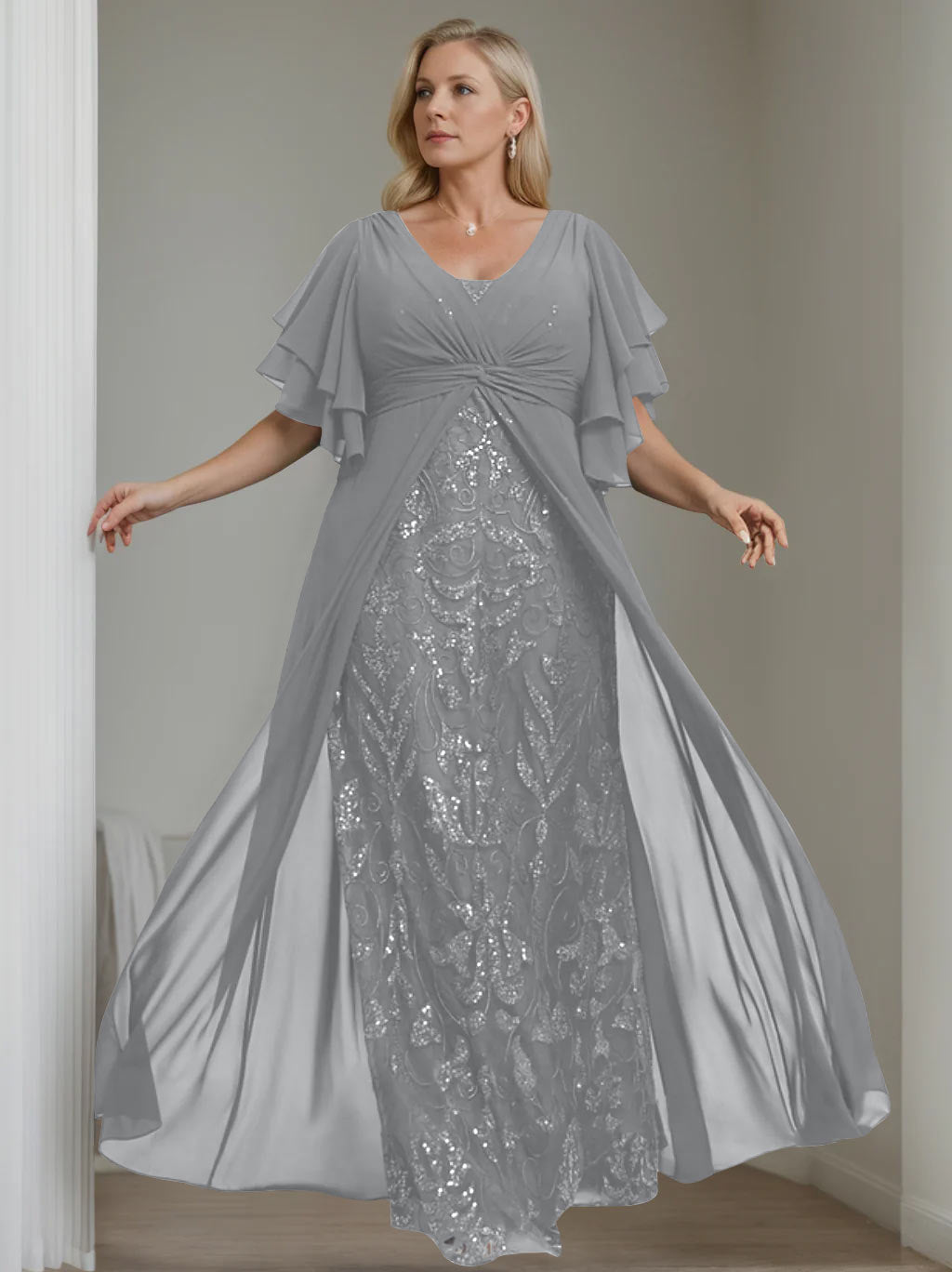 Plus Size Floor-Length Mother of the Bride A-Line Dress with V-Neck and Half Sleeves-LLELLA