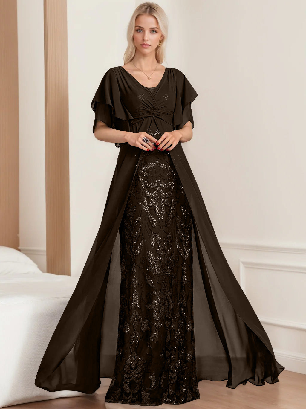 Plus Size Mother of the Bride A-Line Floor-Length Dress with V-Neck and Half Sleeves