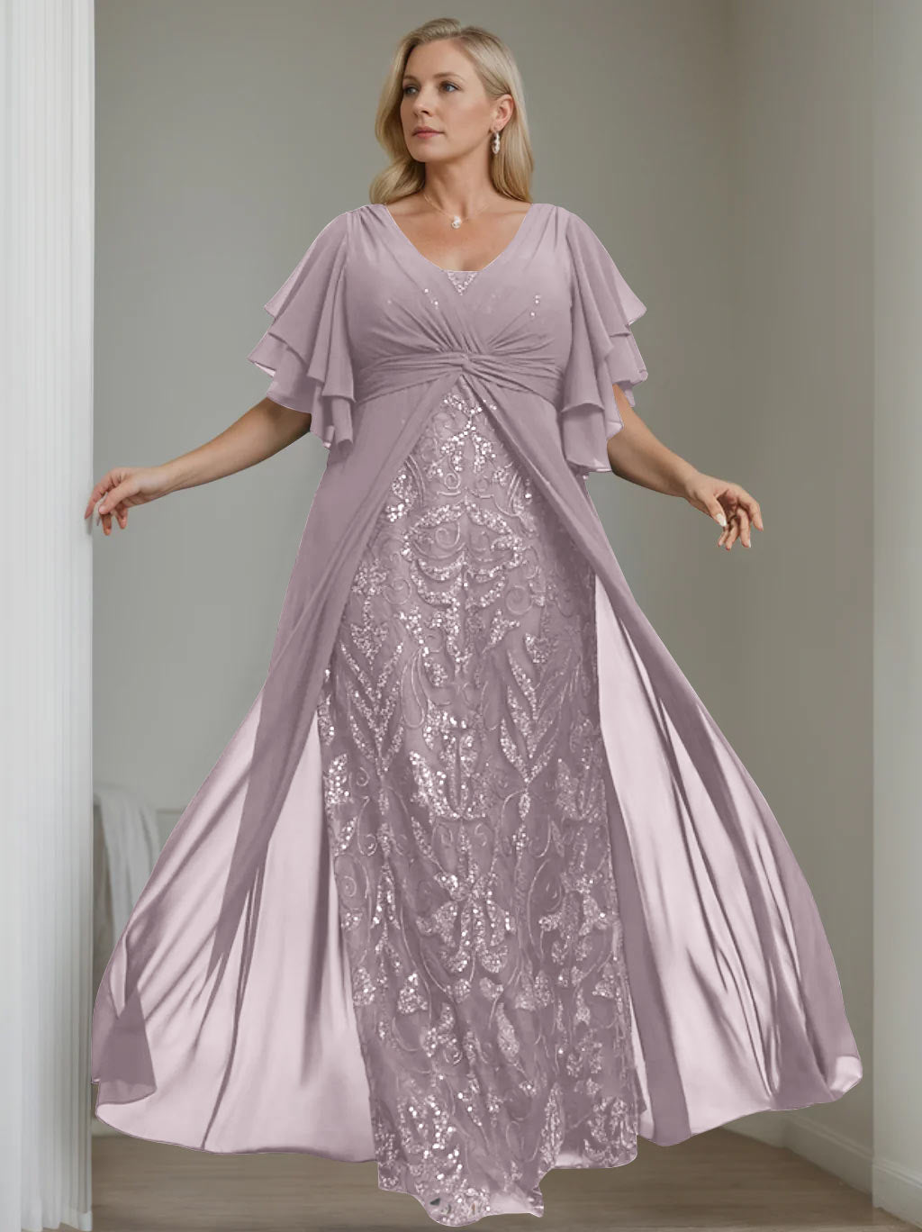 Plus Size Floor-Length Mother of the Bride A-Line Dress with V-Neck and Half Sleeves-LLELLA