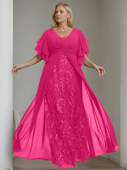 Plus Size Floor-Length Mother of the Bride A-Line Dress with V-Neck and Half Sleeves-LLELLA