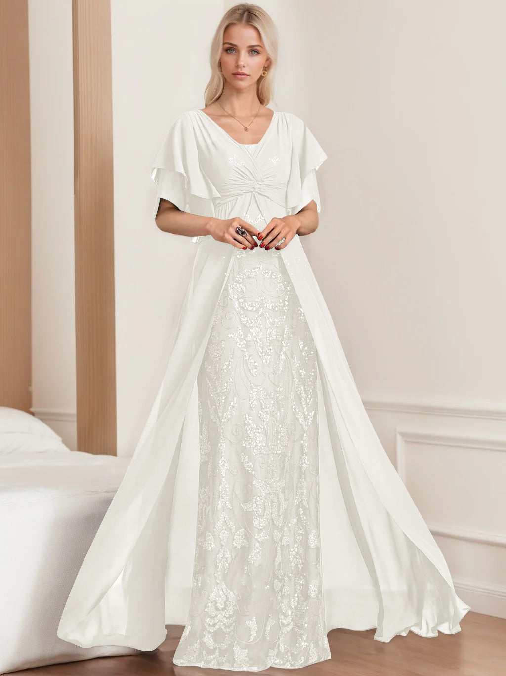 Plus Size Mother of the Bride A-Line Floor-Length Dress with V-Neck and Half Sleeves