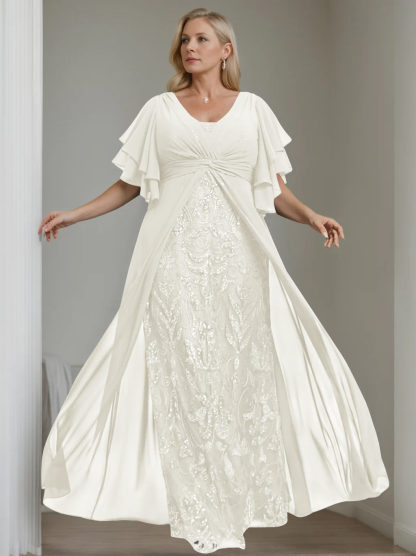 Plus Size Floor-Length Mother of the Bride A-Line Dress with V-Neck and Half Sleeves-LLELLA