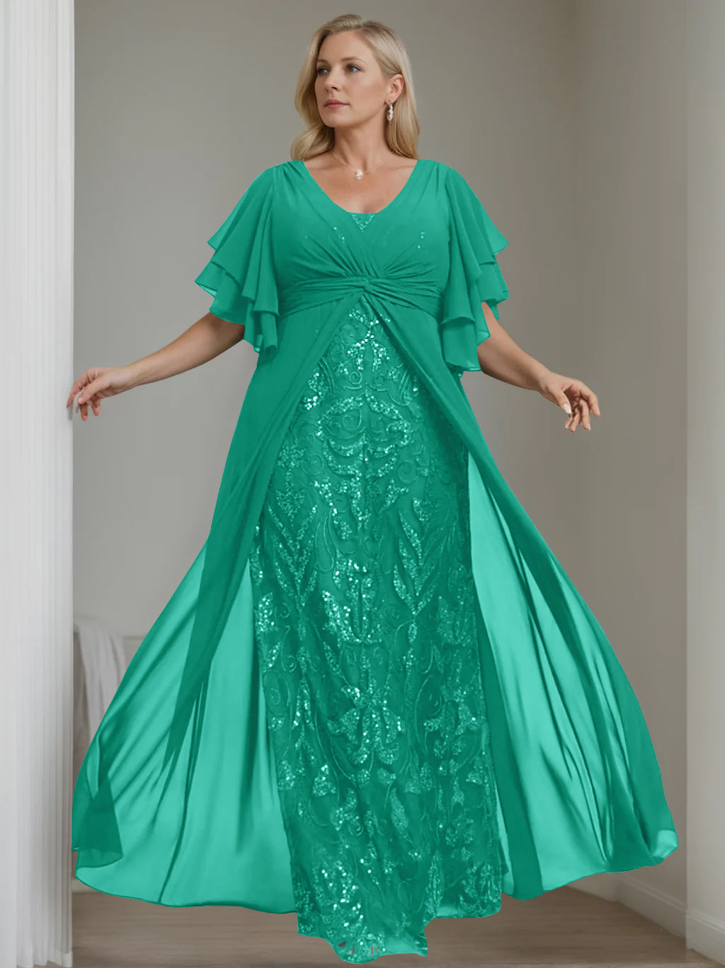Plus Size Floor-Length Mother of the Bride A-Line Dress with V-Neck and Half Sleeves-LLELLA
