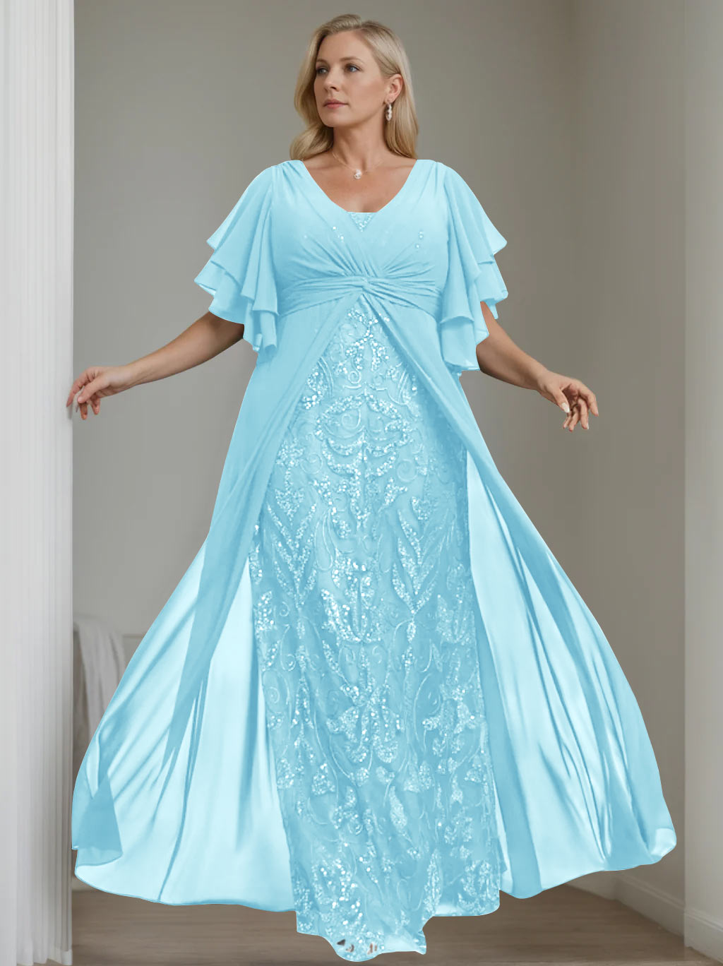 Plus Size Floor-Length Mother of the Bride A-Line Dress with V-Neck and Half Sleeves-LLELLA