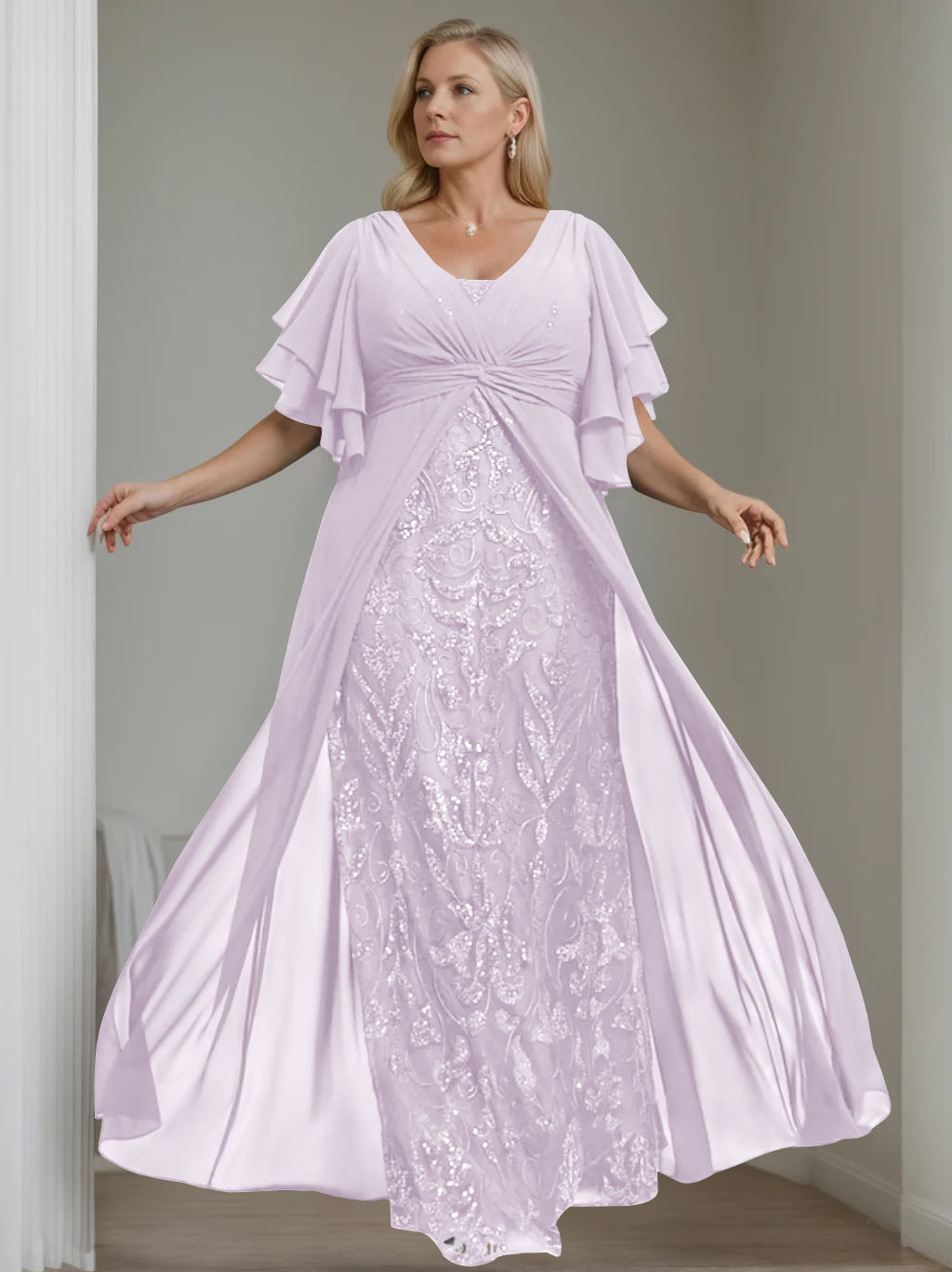 Plus Size Floor-Length Mother of the Bride A-Line Dress with V-Neck and Half Sleeves-LLELLA