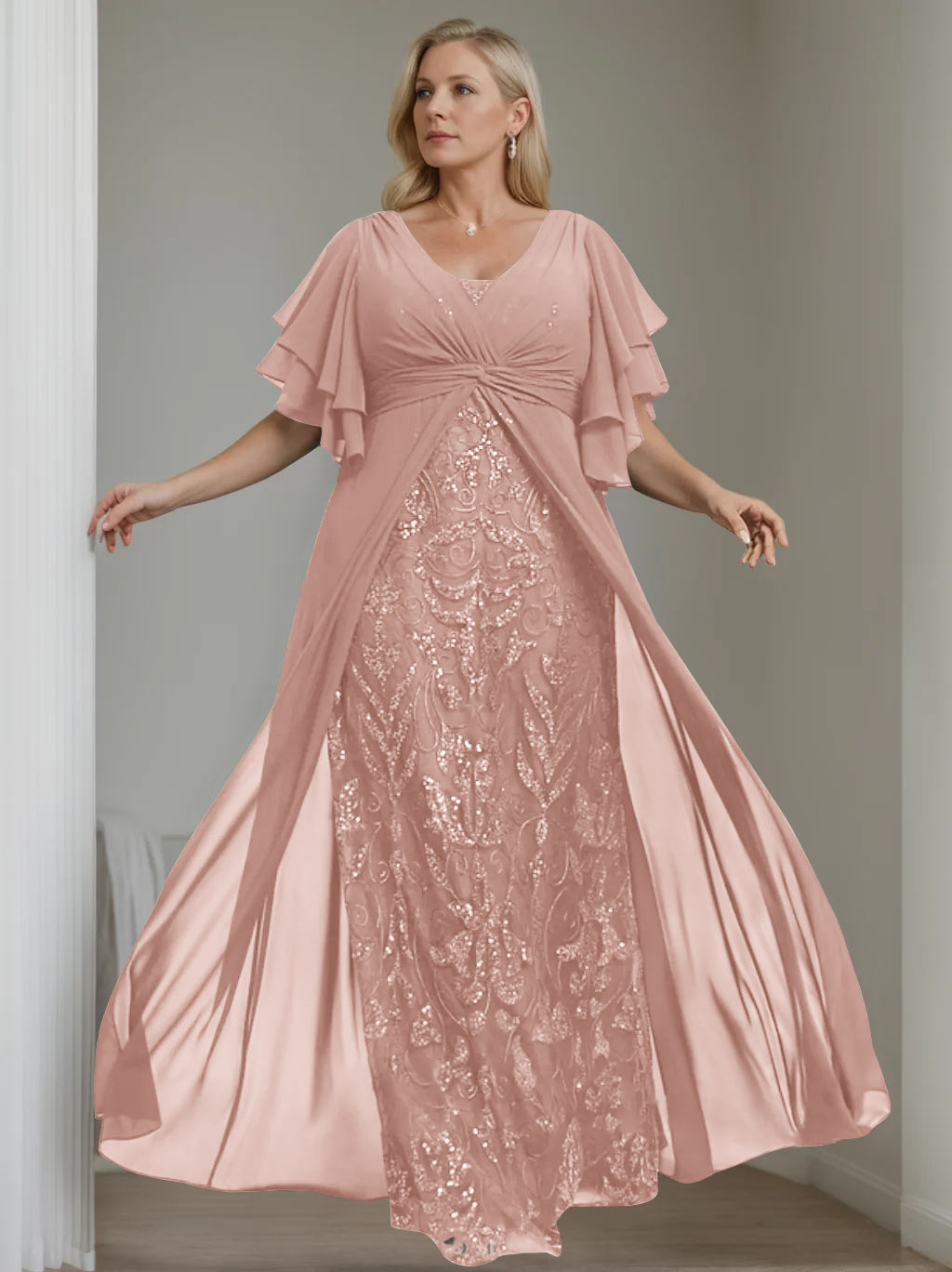 Plus Size Floor-Length Mother of the Bride A-Line Dress with V-Neck and Half Sleeves-LLELLA