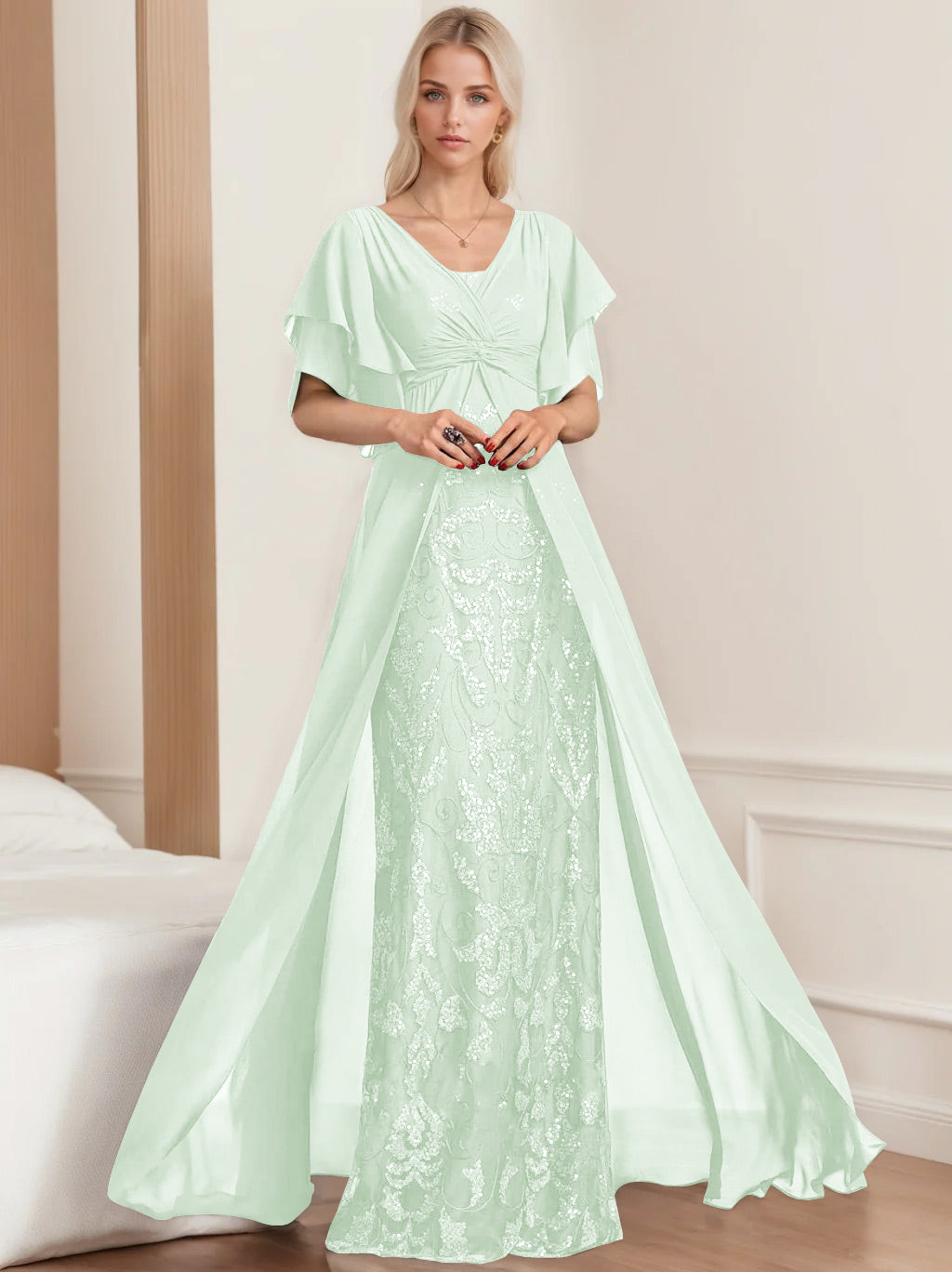 Plus Size Mother of the Bride A-Line Floor-Length Dress with V-Neck and Half Sleeves